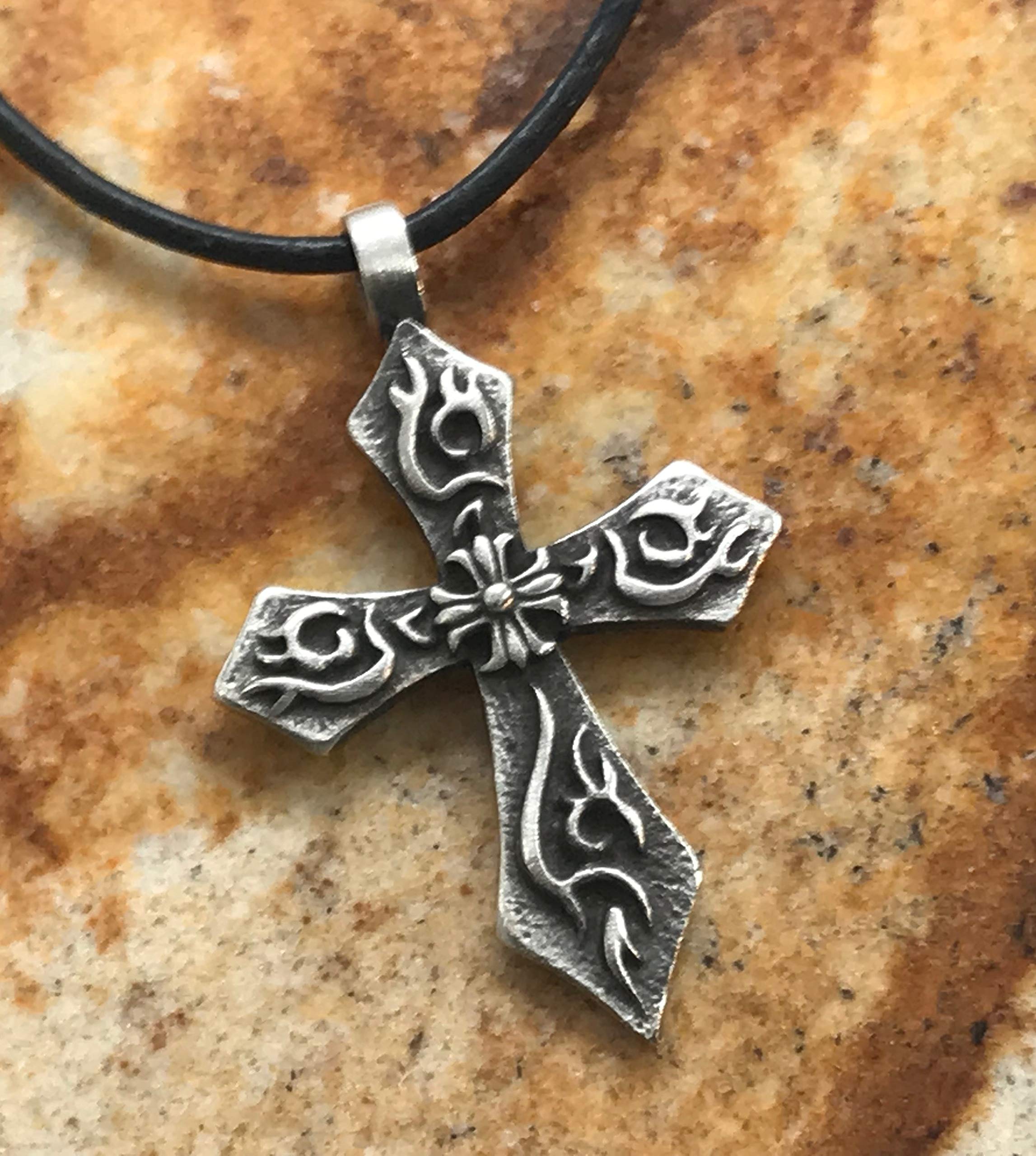 Trilogy Jewelry Pewter Flaming Cross & Iron Cross Pendant Leather Necklace for Men - Gothic Punk Style Religious Jewelry for Everyday Wear, Parties & Gifts