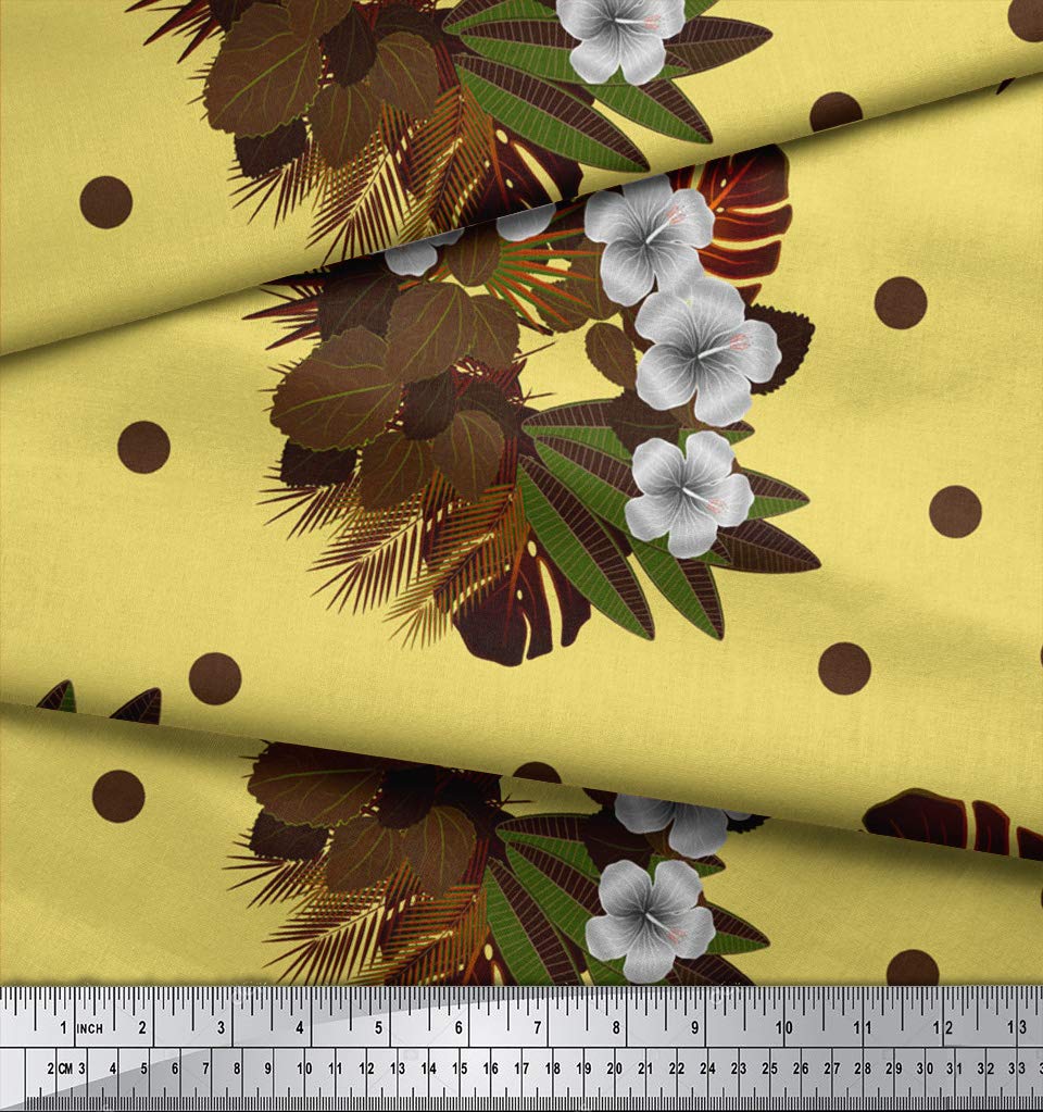 Soimoi Moss Georgette Yellow Fabric by The Yard - 42 Inch Wide Floral Printed Fabric with Dot & Leaves Pattern - Lightweight Chiffon Material for Dresses, Scarves, DIY Crafts & Home Decor Projects