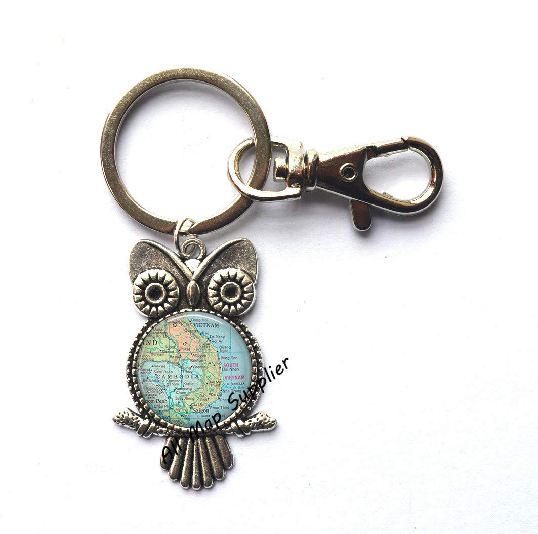 Charming Owl Keychain with Cambodia & Vietnam Map - Travel Souvenir Gift