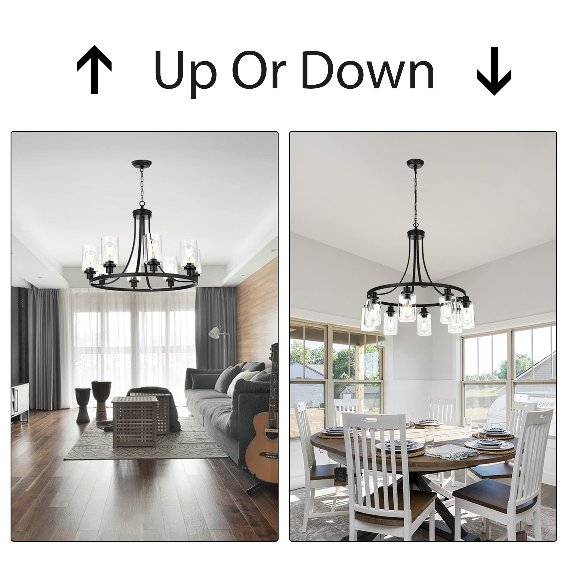 MELUCEE 8-Light Black Industrial Chandelier with Clear Glass Shades - Farmhouse Kitchen Island Pendant Lighting for Dining Room, Living Room, Bedroom | Perfect for Rustic Home Decor & Open Concept Spaces
