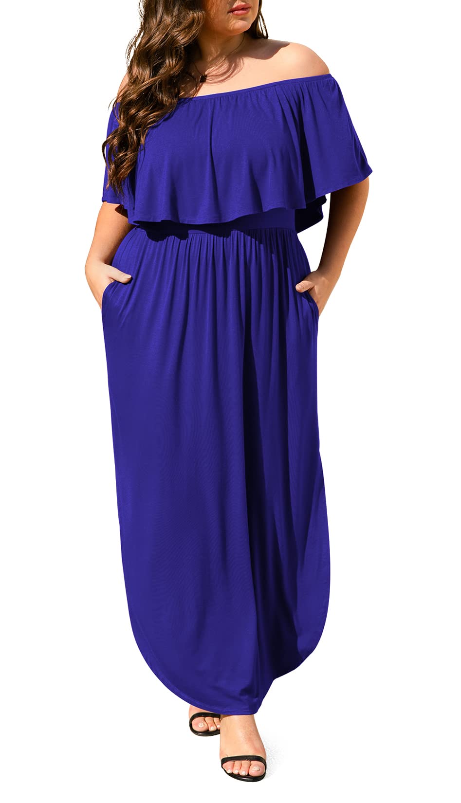 **POSESHE Women's Plus Size Off The Shoulder Ruffle Party Dress - Side Split Beach Maxi Dress for Summer Vacations, Weddings & Night Out**