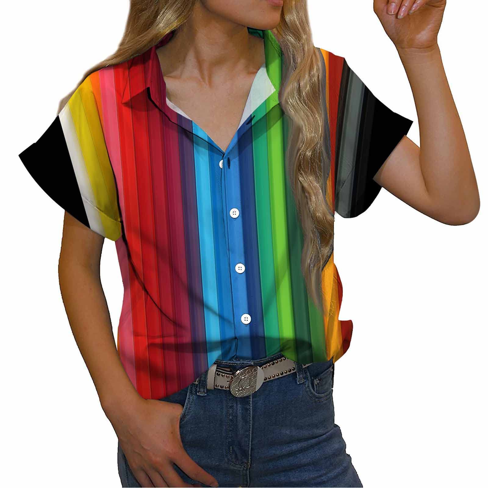 Women's Colorful Stripe Short Sleeve Aloha Shirt - Casual Summer Button Down Beach Blouse & Tee | Perfect for Vacation, Pool Parties and Tropical Getaways