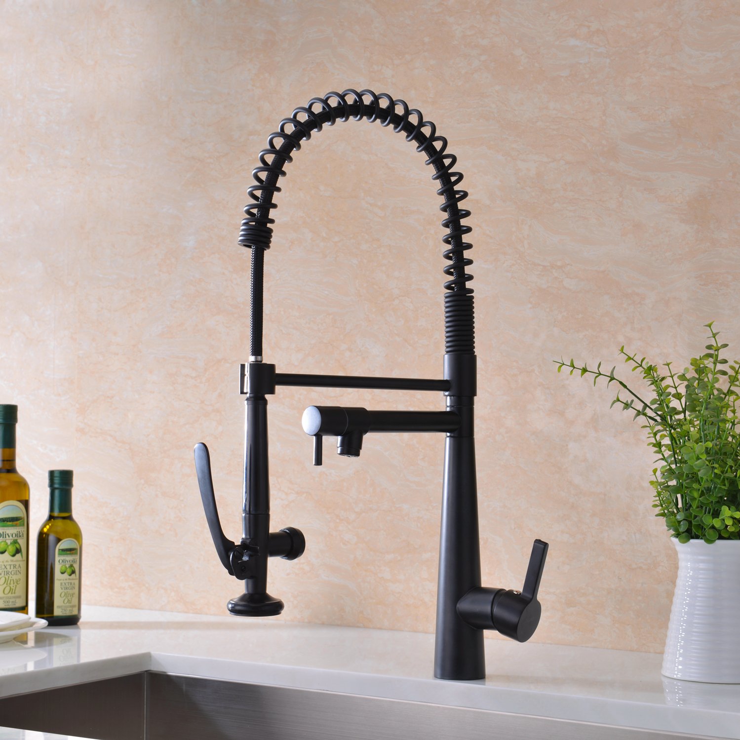 Premium Matte Black Solid Brass Kitchen Faucet - Heavy Duty Commercial Style Single Handle Pull Down Sprayer with Pot Filler - Ideal for Restaurants, Home Chefs & High-Traffic Kitchens