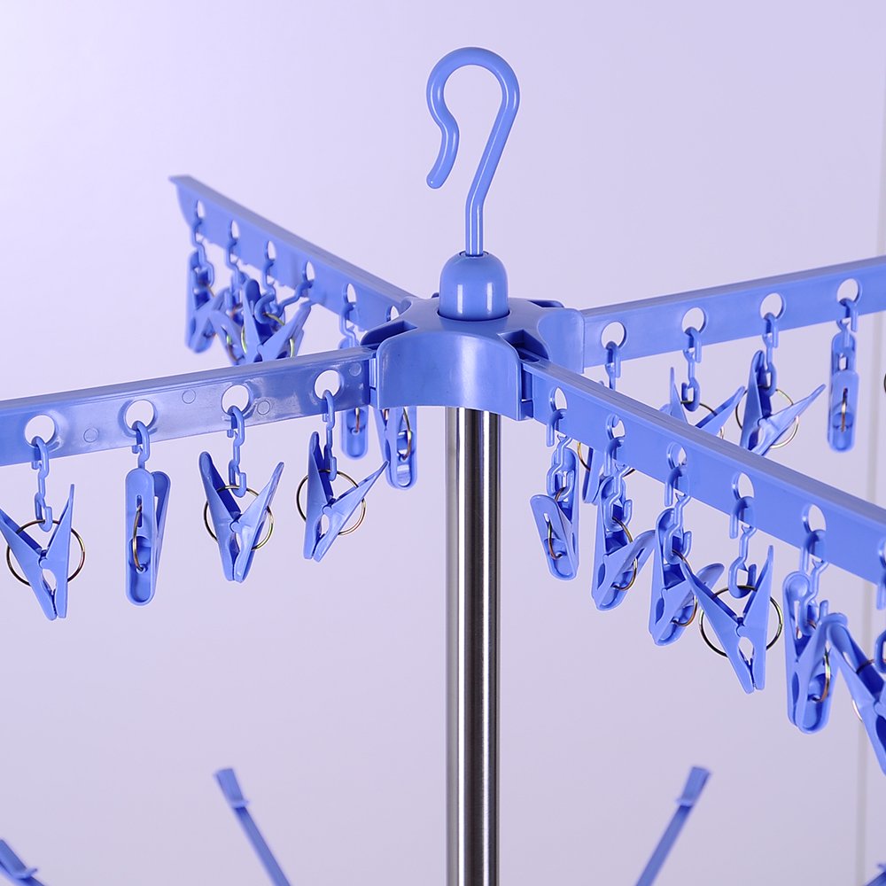 BAOYOUNI 3-Tier Foldable Clothes Drying Rack - Space Saving Laundry Organizer with 24 Clips & 32 Towel Bars for Baby Clothes, Diapers, Socks, Bras, Underwear - Indoor Outdoor Use for Apartments, Balcony, Dorm, RV (Blue)