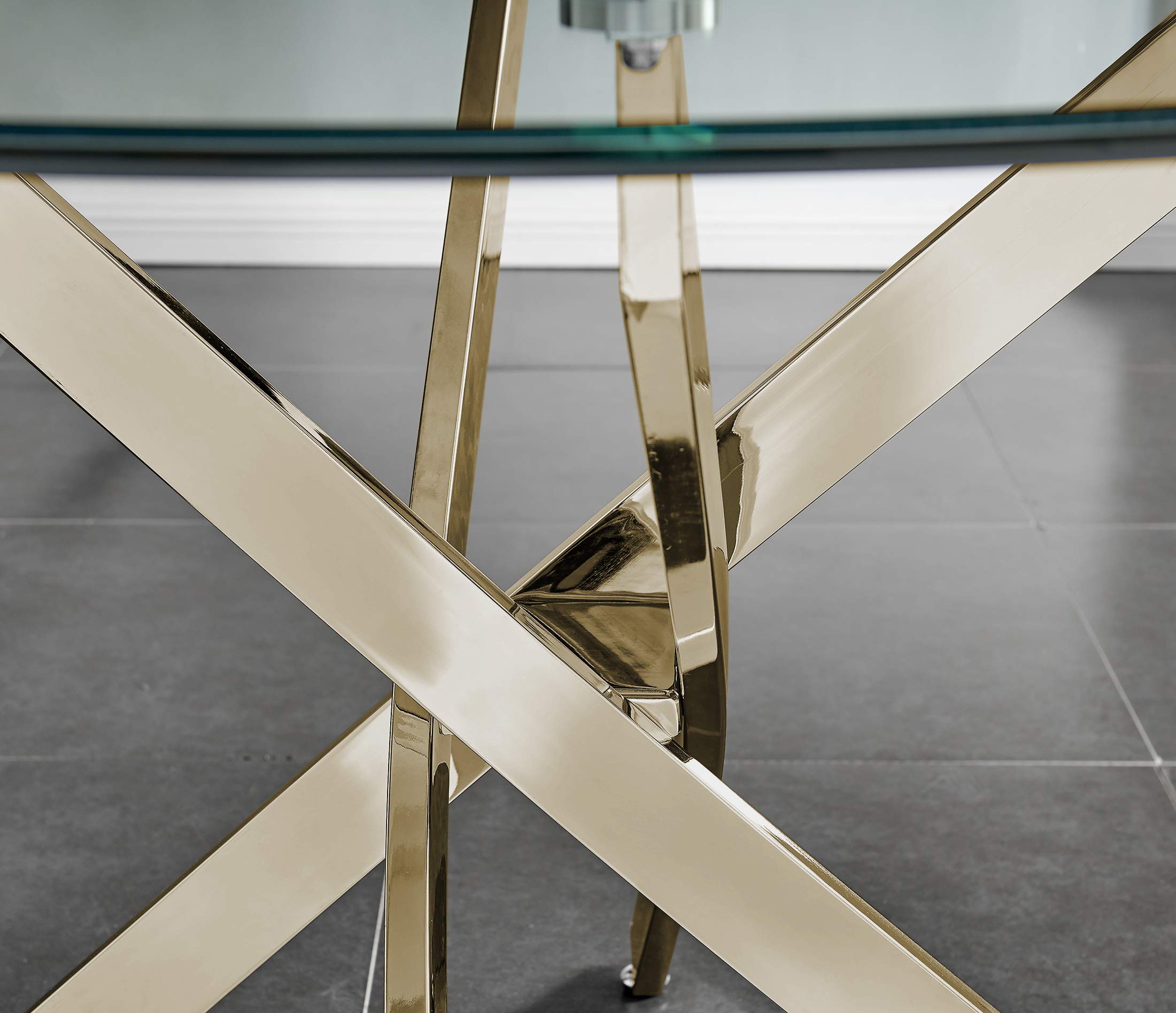 Novara Modern Round Glass Dining Table with Gold Chrome Legs - Elegant & Practical Dining Room Furniture for Small Spaces & Contemporary Homes - Perfect for Dinner Parties & Family Gatherings