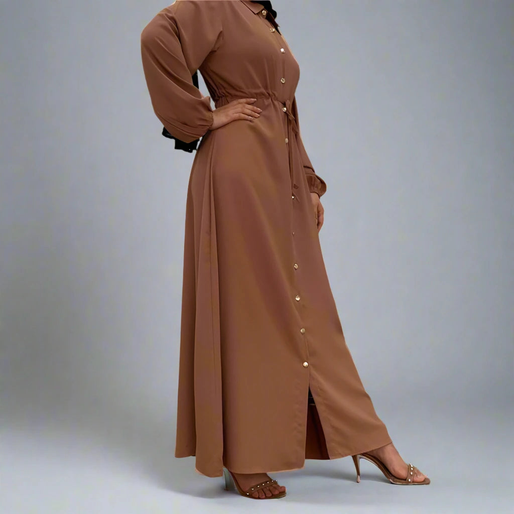 Elegant Muslim Button Up Abaya Dress with Stand Collar - Modest Islamic Prayer Dress for Women, Perfect for Mosque, Eid & Special Occasions