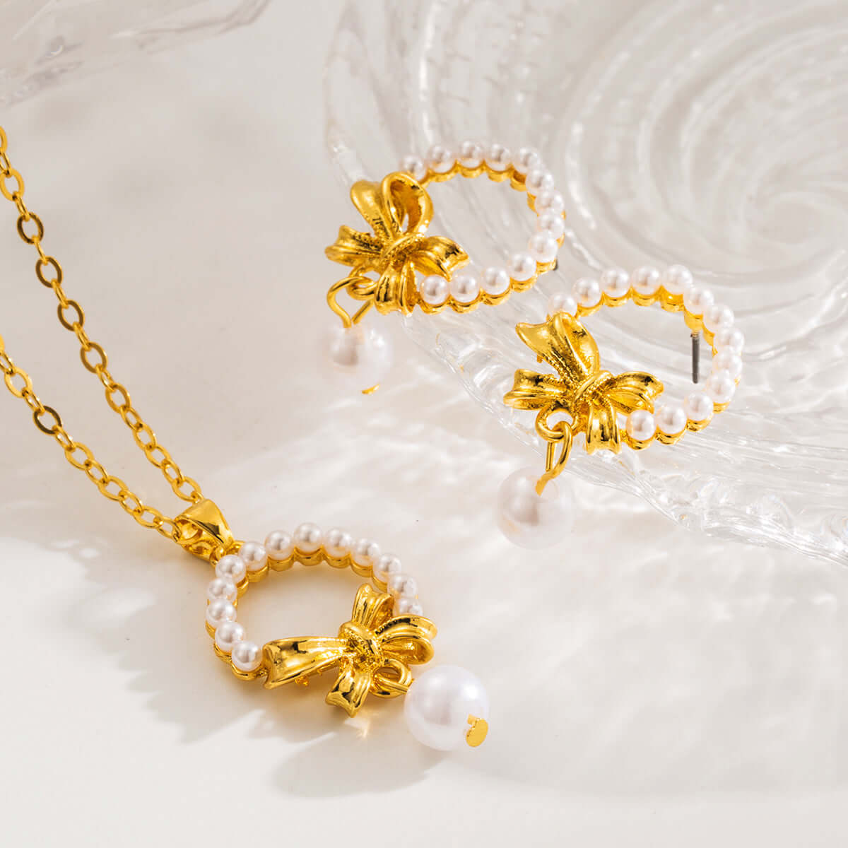 Elegant Gold Bow Pearl Drop Earrings for Women - Classic Dangle Earrings for Bridal, Party & Special Occasions | E7853
