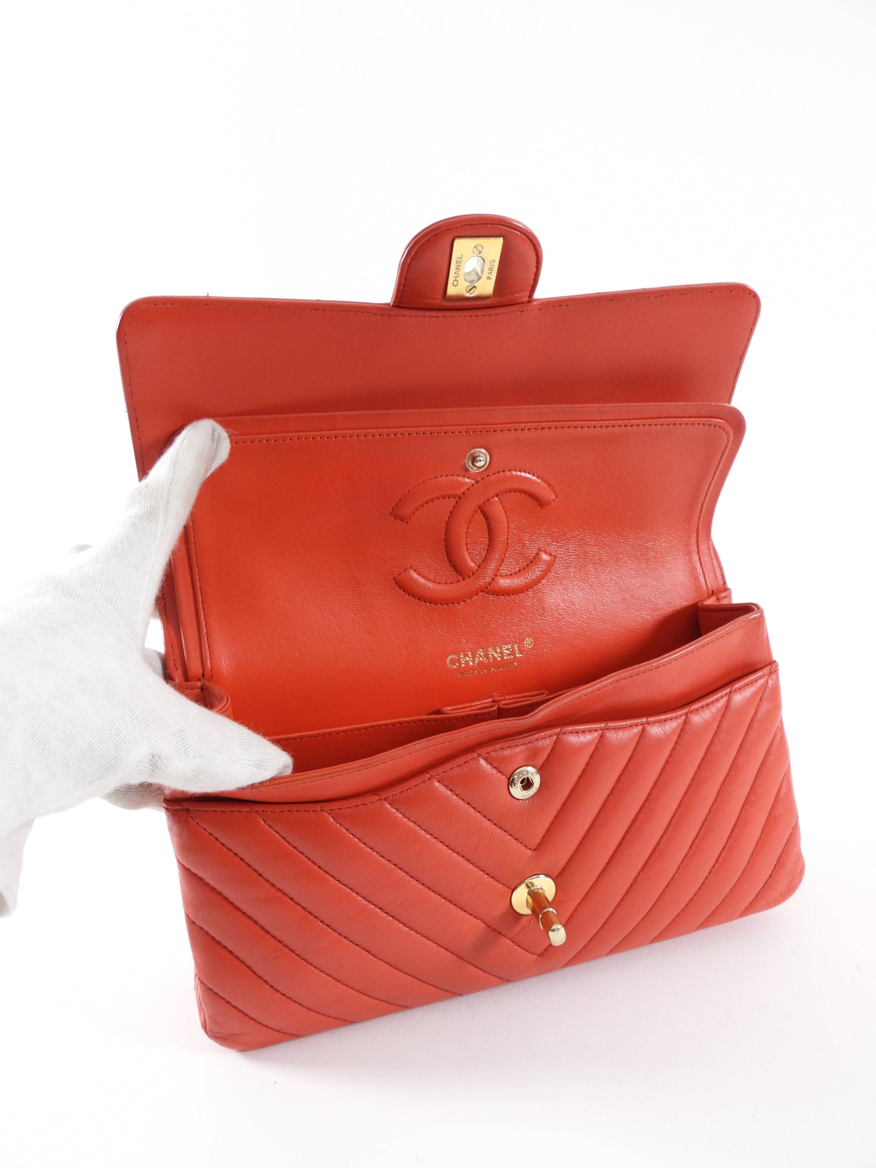 Chanel Red Chevron Quilted Leather Medium Double Classic Flap Bag - Luxury Designer Handbag for Women, Perfect for Parties, Dating & Special Occasions