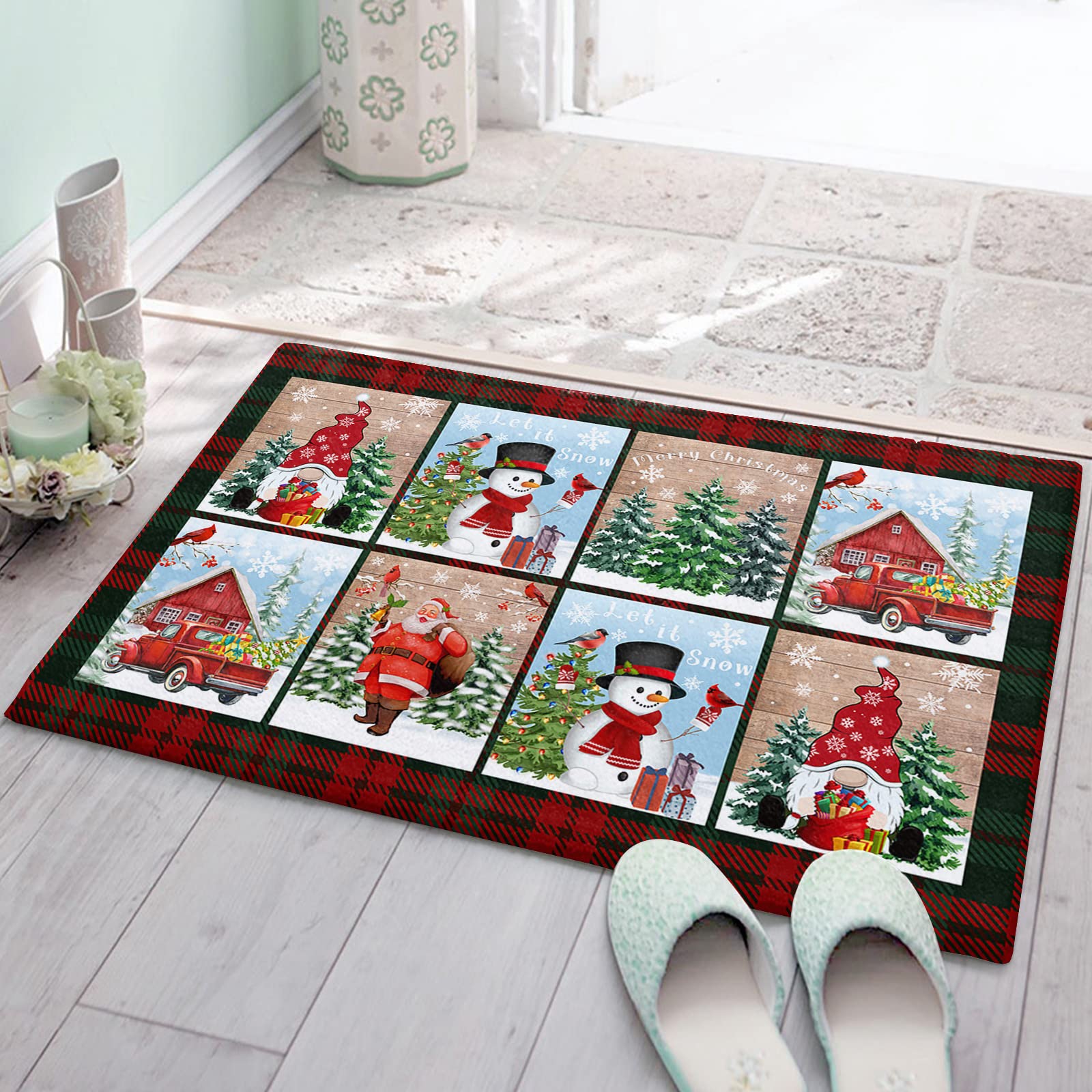 Christmas Gnome Santa Claus Snowman Plaid Bathroom Rug - Non-Slip Water Absorbent Microfiber Soft Plush Shaggy Bath Mat for Shower, Bathtub & Bedroom (20