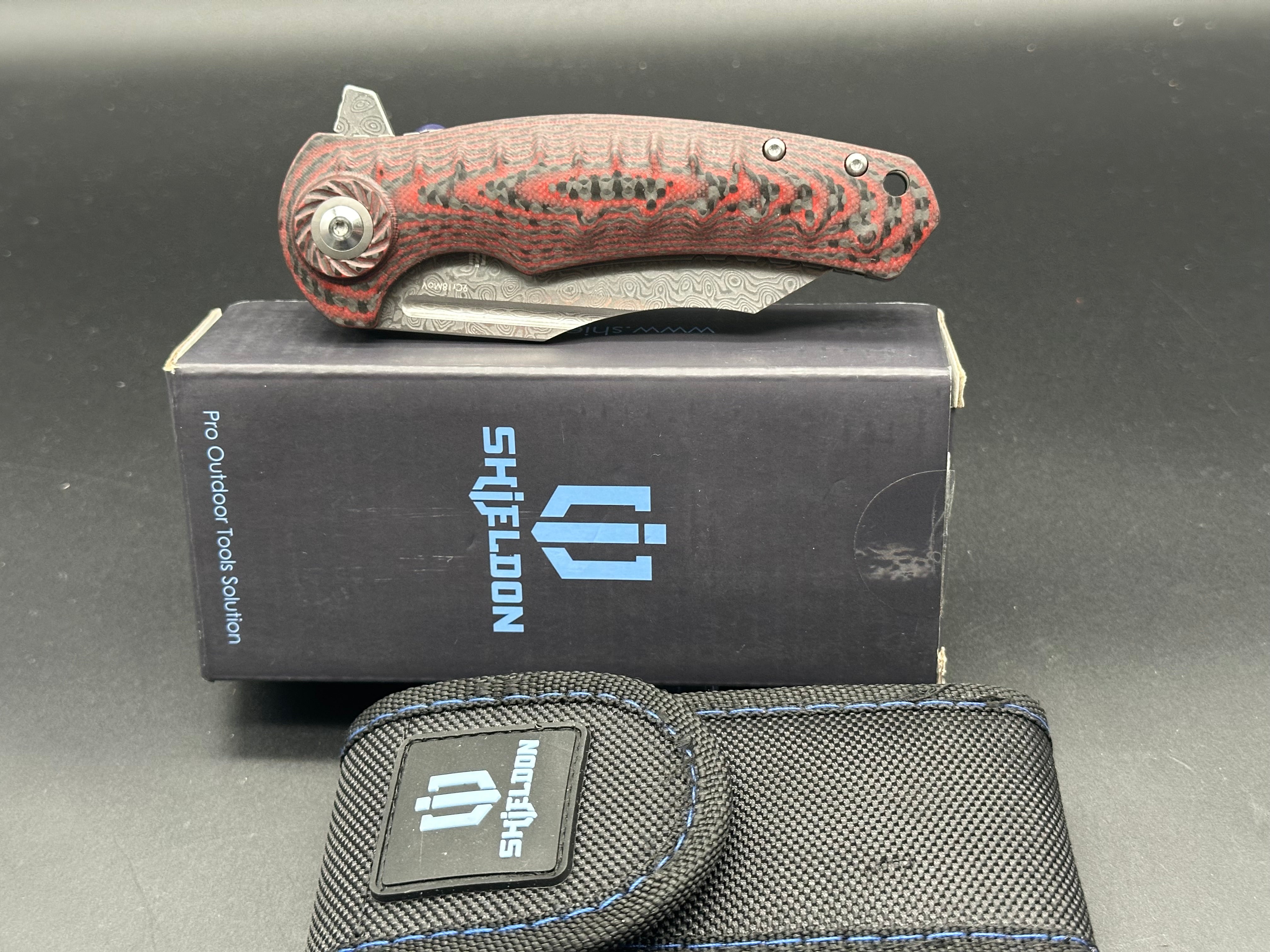 SHIELDON Tranchodon Folding Knife - Red Carbon Fiber & G10 Handle, Reverse Tanto Damascus Blade - EDC, Outdoor Camping, Hunting Survival Tool