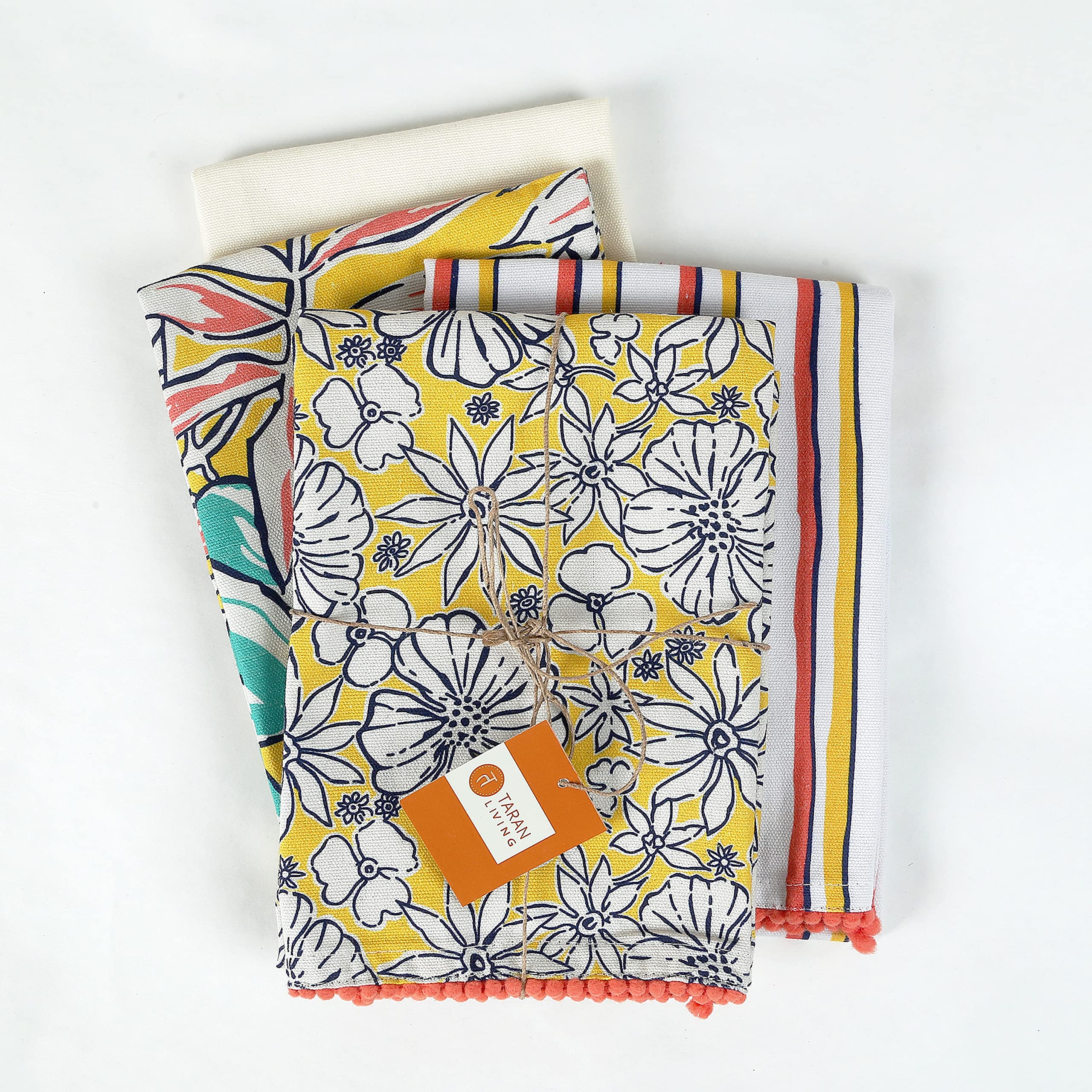 Valentine's Day Printed Cotton Kitchen Dish Towels & Tea Towels Set - 18x28 Inches with Decorative Trims (Yellow, 4-Piece) - Perfect for Holiday Gifts, Home Decor & Kitchen Essentials