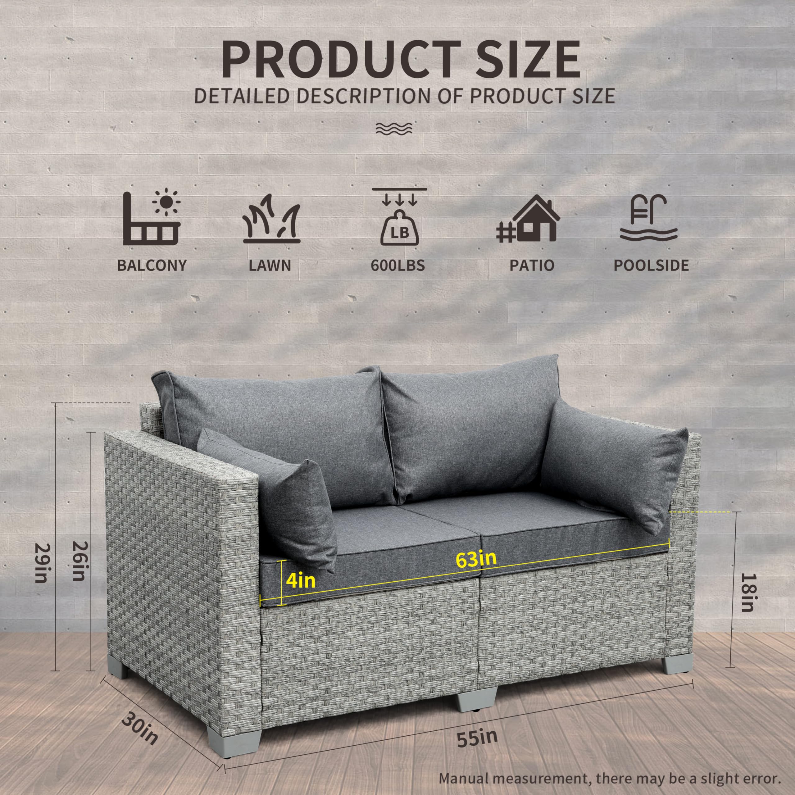 WAROOM Outdoor Patio Loveseat - PE Rattan 2-Seater Wicker Sofa with Gray Cushion, Deep Seating Small Couch for Garden, Balcony & Backyard Relaxation