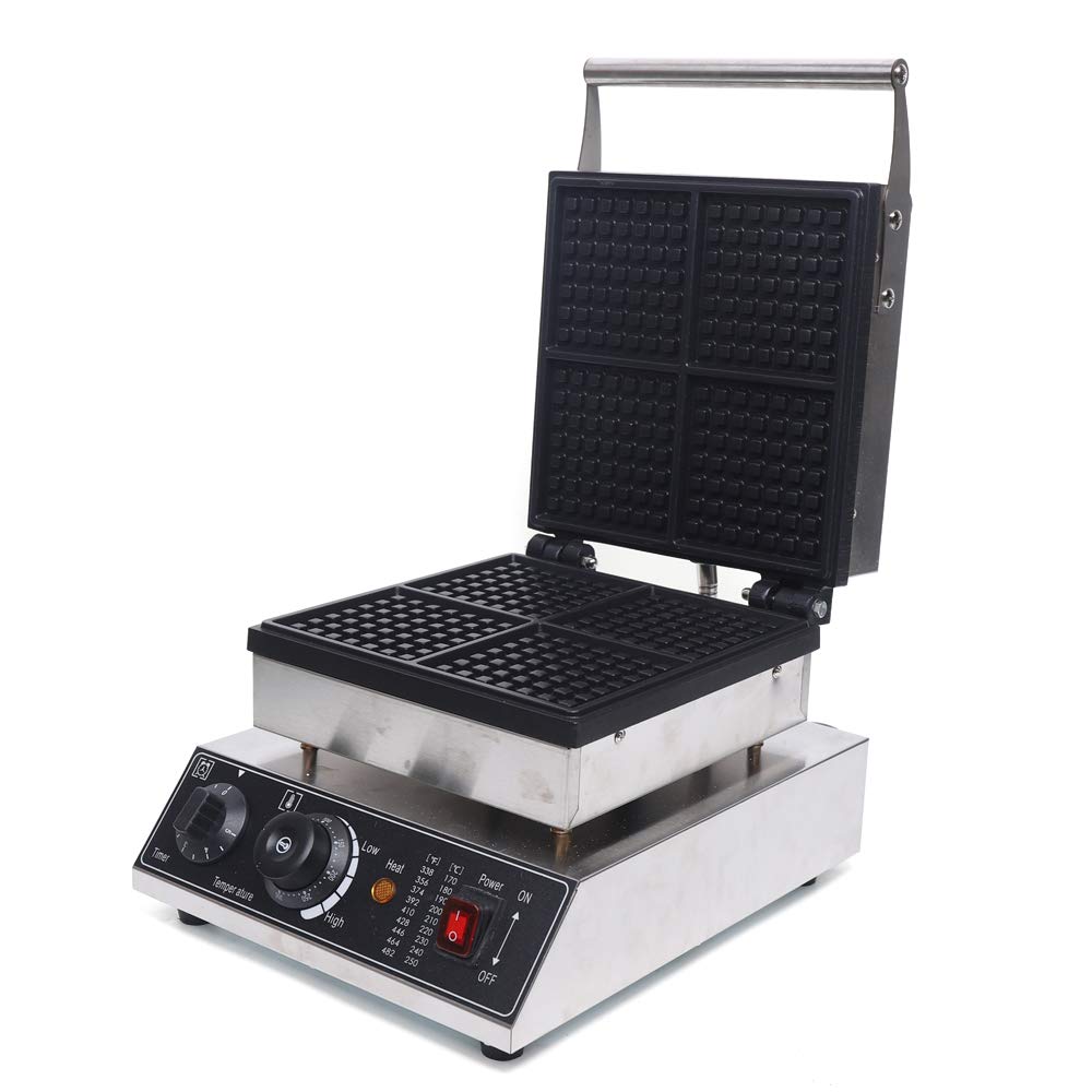 4PCS Commercial Square Waffle Maker - 110V 1750W Electric Waffle Iron with Adjustable Temperature (50-300°C) & Timer (0-5 Min) - Perfect for Home, Restaurants, Cafes & Breakfast Catering - Make Belgian Waffles, Pancakes & Desserts Easily