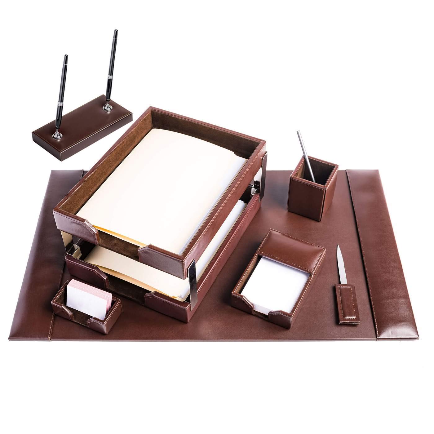 Premium Dark Brown Bonded Leather 9-Piece Office Desk Set - Includes Pen Holder, Letter Tray & More - Perfect for Home Office, Executive Suite & Corporate Gifts