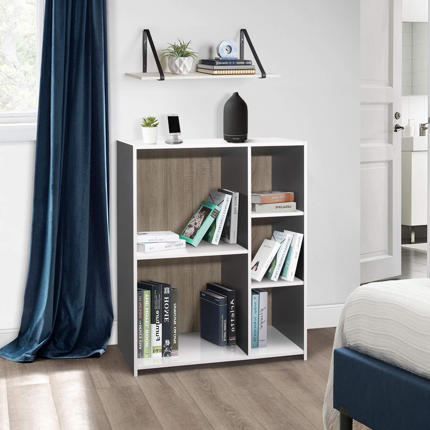 Kings Brand Furniture - Moreno 5-Cube Wood Open Shelf Organizer Storage Bookcase, Gray/White - Perfect for Living Room, Bedroom, Office & Dorm Organization