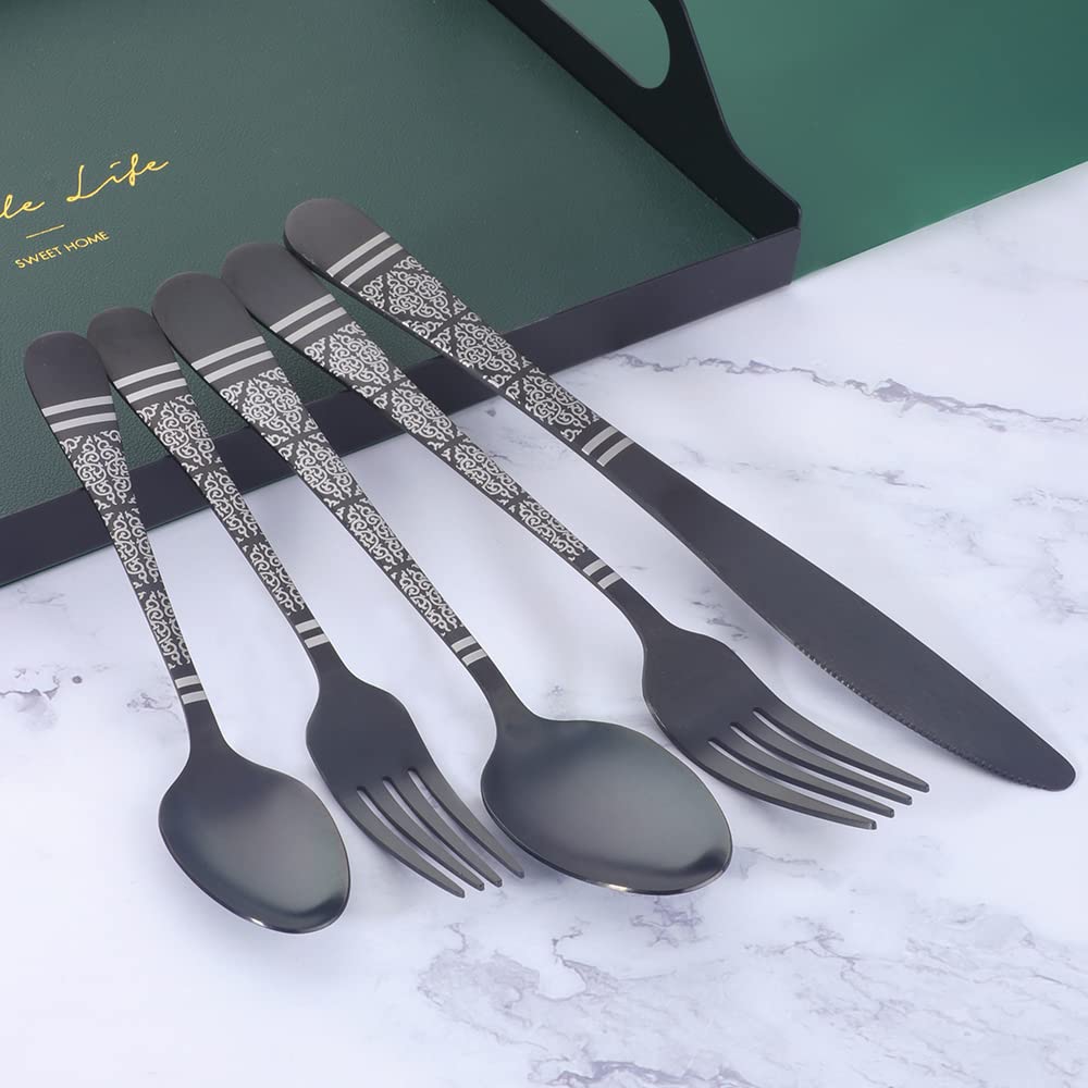 20-Piece Black Hammered Flatware Set for 4 - Stainless Steel Cutlery with Unique Pattern Design | Includes Dinner Knives, Forks & Spoons | Mirror Polish & Dishwasher Safe | Perfect for Christmas Gifts, Dinner Parties & Home Decor