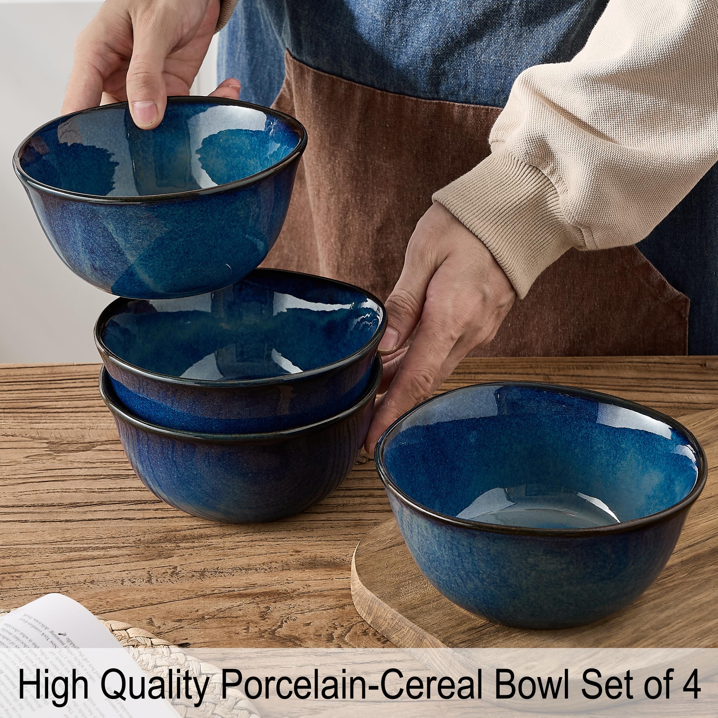 6 Inch Ceramic Soup Bowls Set of 4 - 23.7 Fl Oz Porcelain Cereal Bowls for Salad, Fruits, Dessert, Oatmeal & Ramen - Microwave, Dishwasher & Oven Safe - Wavy Design Blue Bowls - Perfect for Family Dinners, Parties & Everyday Use