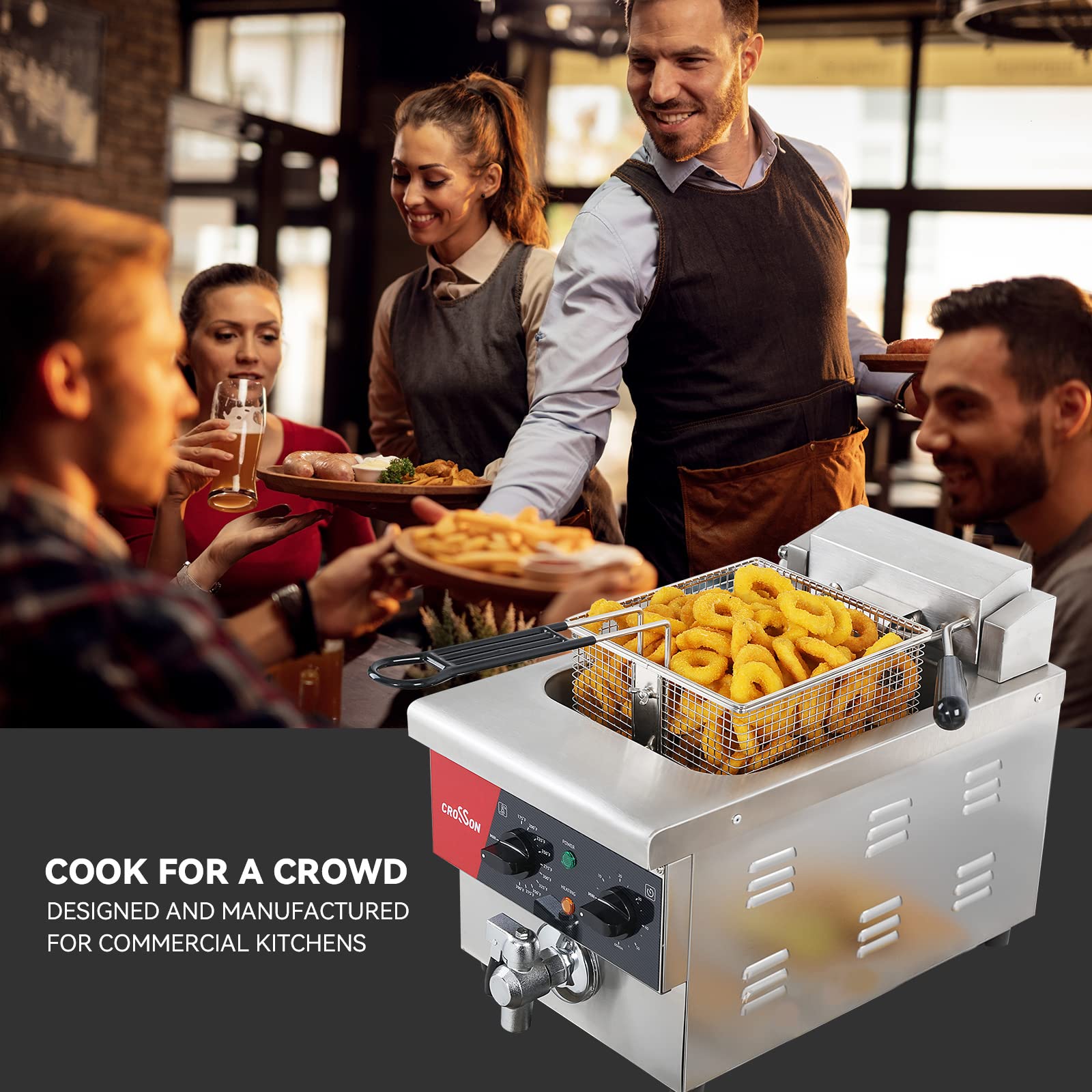 CROSSON 6L Commercial Electric Deep Fryer with Timer, Drain & Lid - 1800W Countertop Deep Fryer for Restaurants, Fast Food & Home Use - Perfect for Frying Chicken, French Fries & Seafood