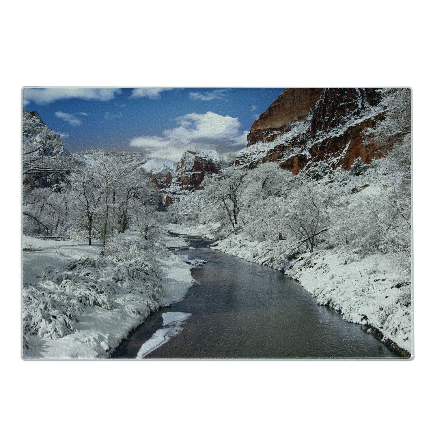 Lunarable Zion National Park Winter Scene Cutting Board - Snowy Trees & River Tempered Glass Serving Board, Small Size (White/Dark Rosewood/Sea Blue/Dark Taupe/Grey) - Perfect for Holiday Gifts, Kitchen Decor & Charcuterie Displays