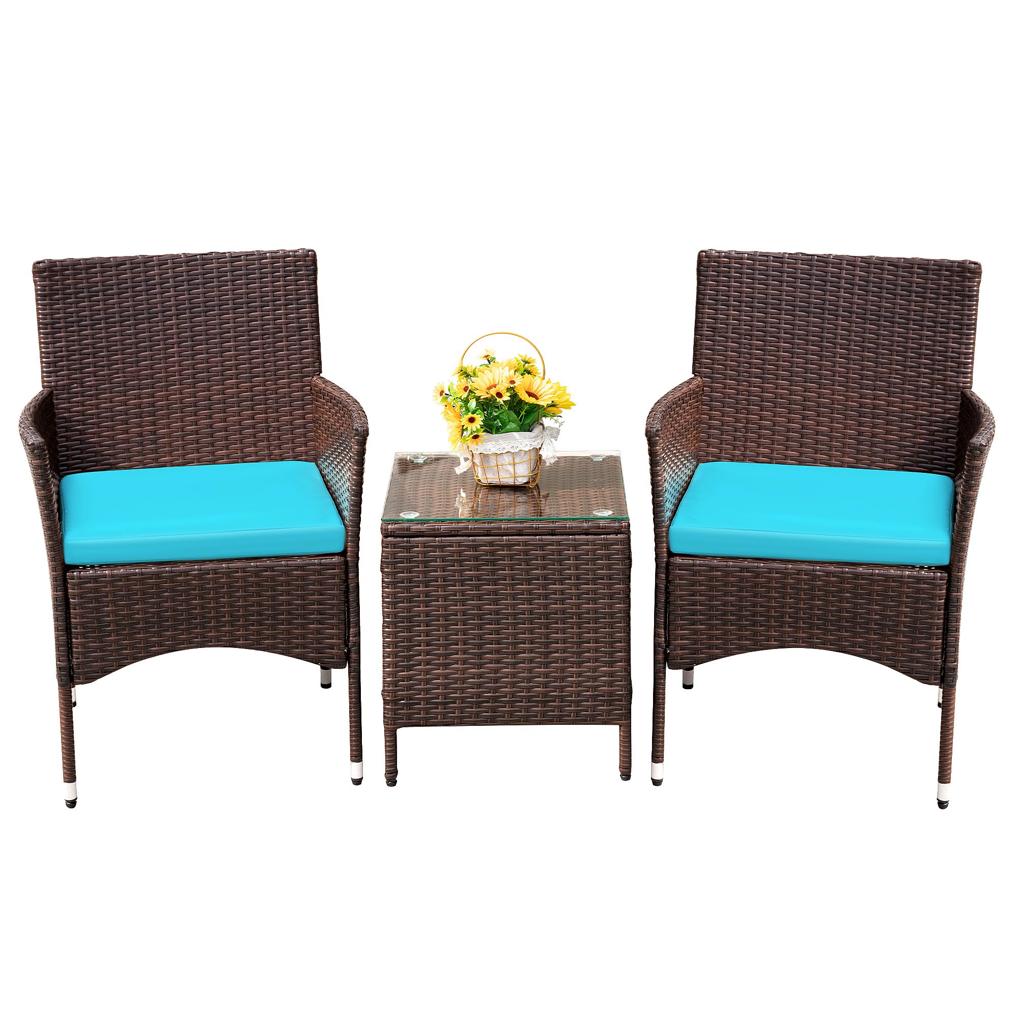 Devoko 3-Piece PE Rattan Wicker Patio Furniture Set with Table - Outdoor Garden Chairs for Porch, Backyard & Poolside (Brown/Blue) - Perfect for Relaxing, Entertaining & Sunbathing