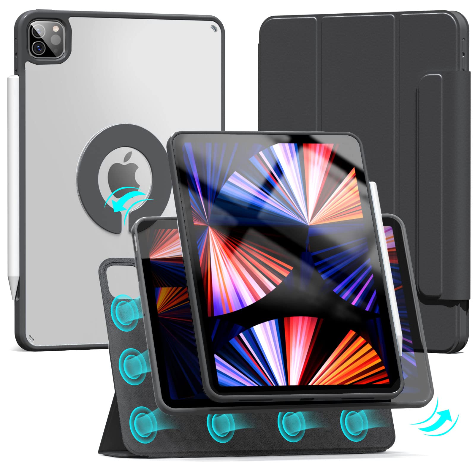 KenKe Magnetic Rotating Detachable Case for iPad Pro 11 Inch 2021/2020 (3rd & 2nd Gen) - Anti-Fingerprint Transparent Hard Back Cover with Auto Sleep/Wake Feature (Black) | Perfect for Work, Travel & Home Use