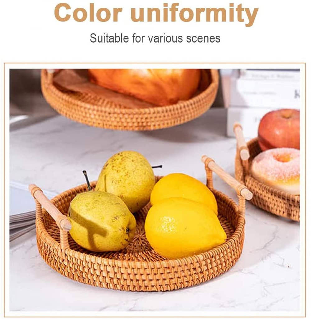 Hand-Woven Round Rattan Tray - 24cm Portable Wicker Basket with Handle for Fruit, Snacks, Breakfast Display & Storage | Perfect for Kitchen, Dining Table, Picnic & Home Decor