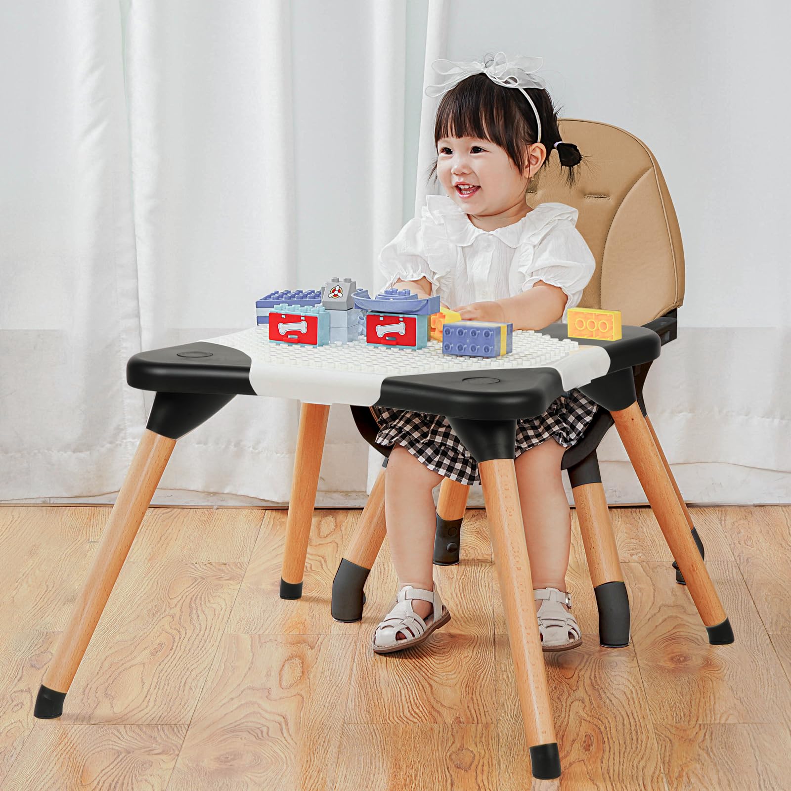 Gofirst 6-in-1 Convertible Wooden High Chair for Babies & Toddlers - Adjustable Infant Dining Booster Seat with Building Block Table & 4-Position Removable Feeding Tray - Perfect for Home, Restaurant & Travel Use