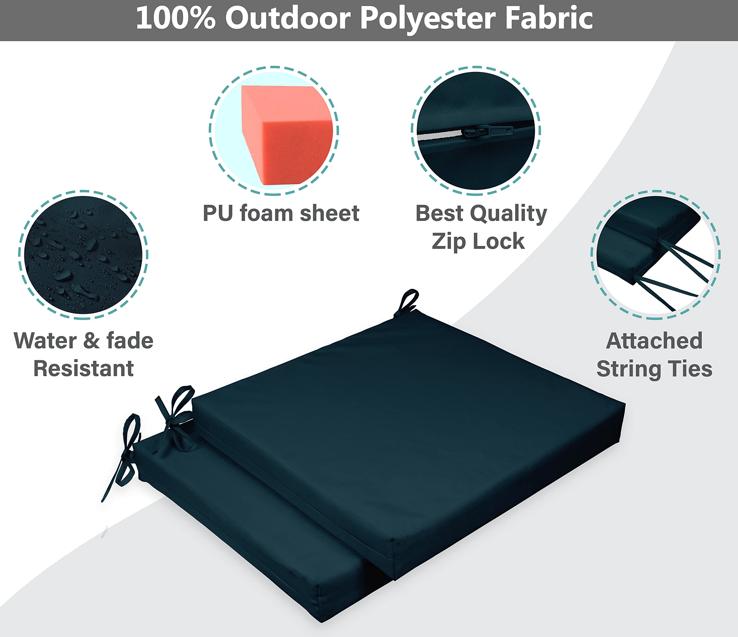 Premium 20x20 Inch Indoor/Outdoor Square Chair Cushions with Ties - Waterproof Patio Seat Cushions Set of 2 for Garden Furniture, Deck Chairs & Outdoor Lounging - Stylish Teal Blue Home Decor