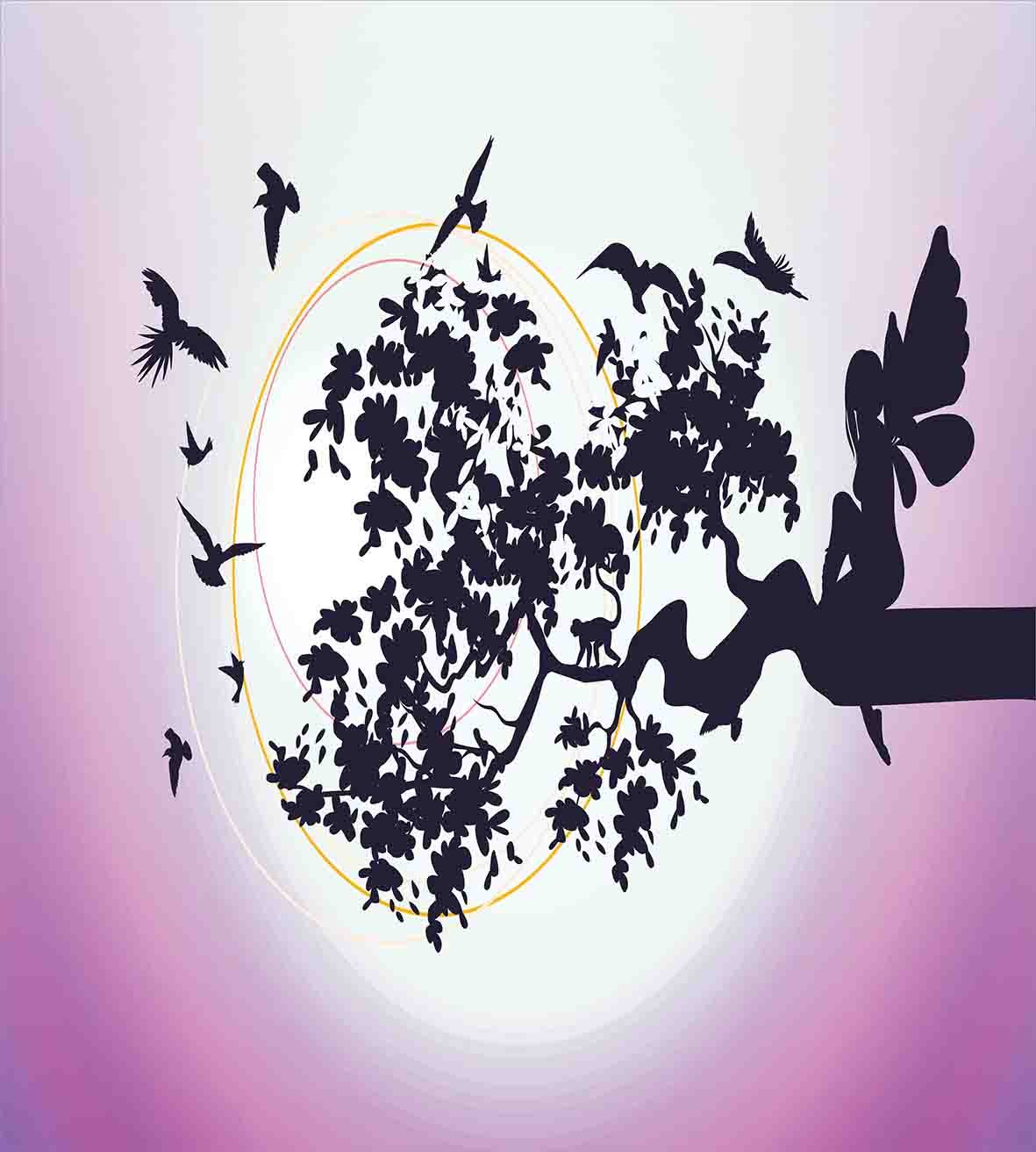Ambesonne Anime Duvet Cover Set - Fantasy Silhouette Sitting on Tree Branch with Flying Birds, 3 Piece Bedding Set Includes 2 Pillow Shams, King Size Dark Purple & Fuchsia - Perfect for Anime Fans Bedroom Decor & Gift Idea