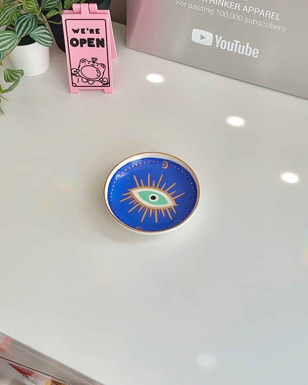 Hand Painted Evil Eye Trinket Dish - Ceramic Catchall Tray with Gold Accents for Jewelry, Keys & Coins | Boho Home Decor & Gift Idea