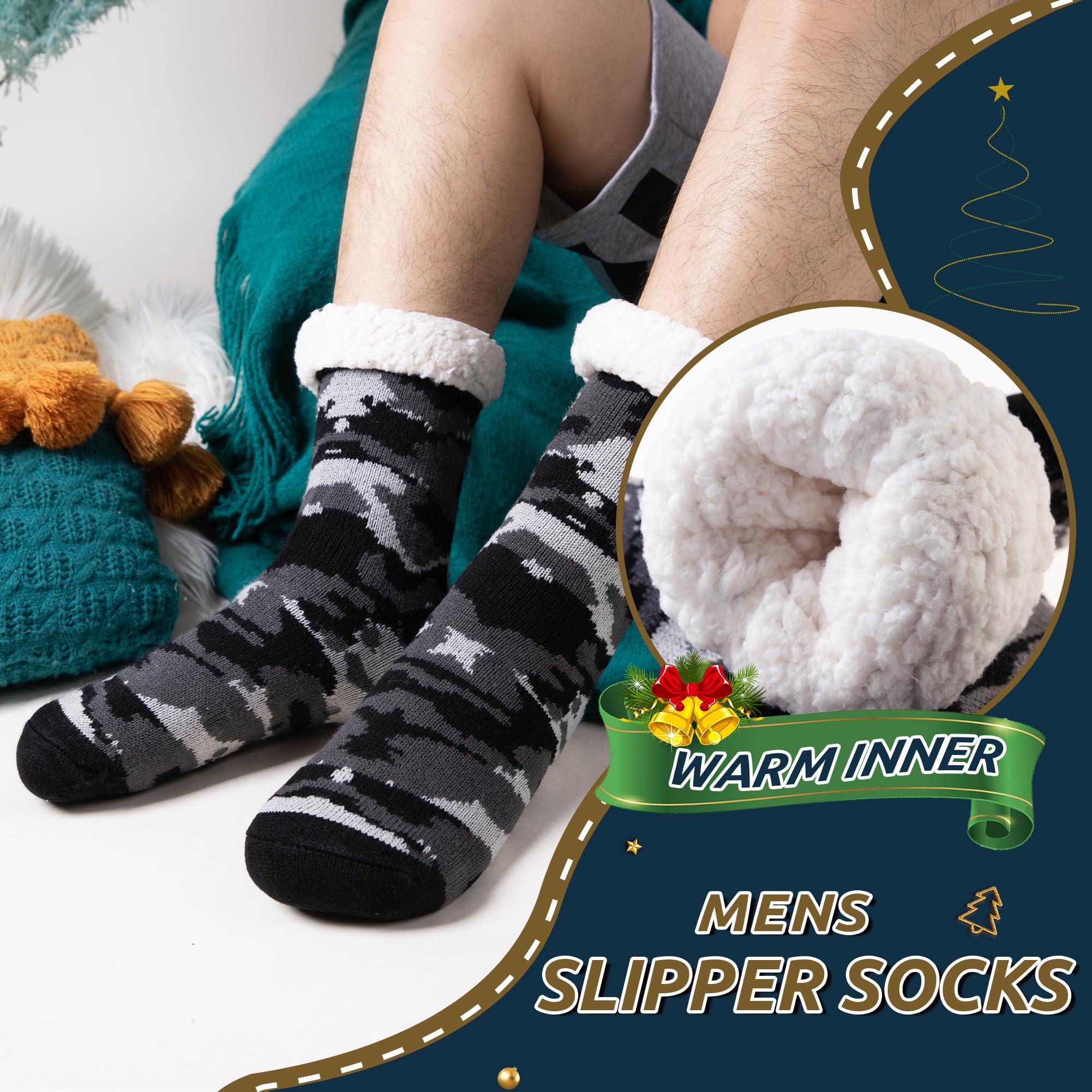 Men's Fleece Lined Thick Winter Slipper Socks - Ultra Soft Non-Slip Fuzzy House Shoes for Indoor Comfort & Warm Sleeping - Perfect for Cold Weather, Lounging at Home and Cozy Nights