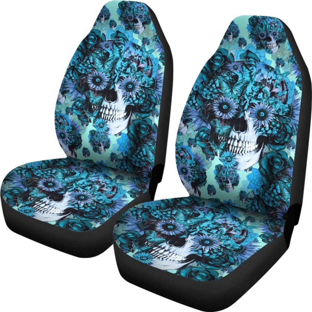 2 Pcs Gothic Skull Car Seat Covers - Universal Fit for Cars, Trucks & SUVs - Black Skull Print Design - Perfect for Halloween, Gothic Style & Car Enthusiasts - Easy to Install & Machine Washable