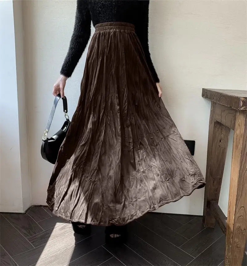 Women's High Waist Velvet Pleated Long Skirt - Black, Red & Brown Korean Style Elastic Waistband for Autumn Winter | Elegant Party, Vacation & Office Wear