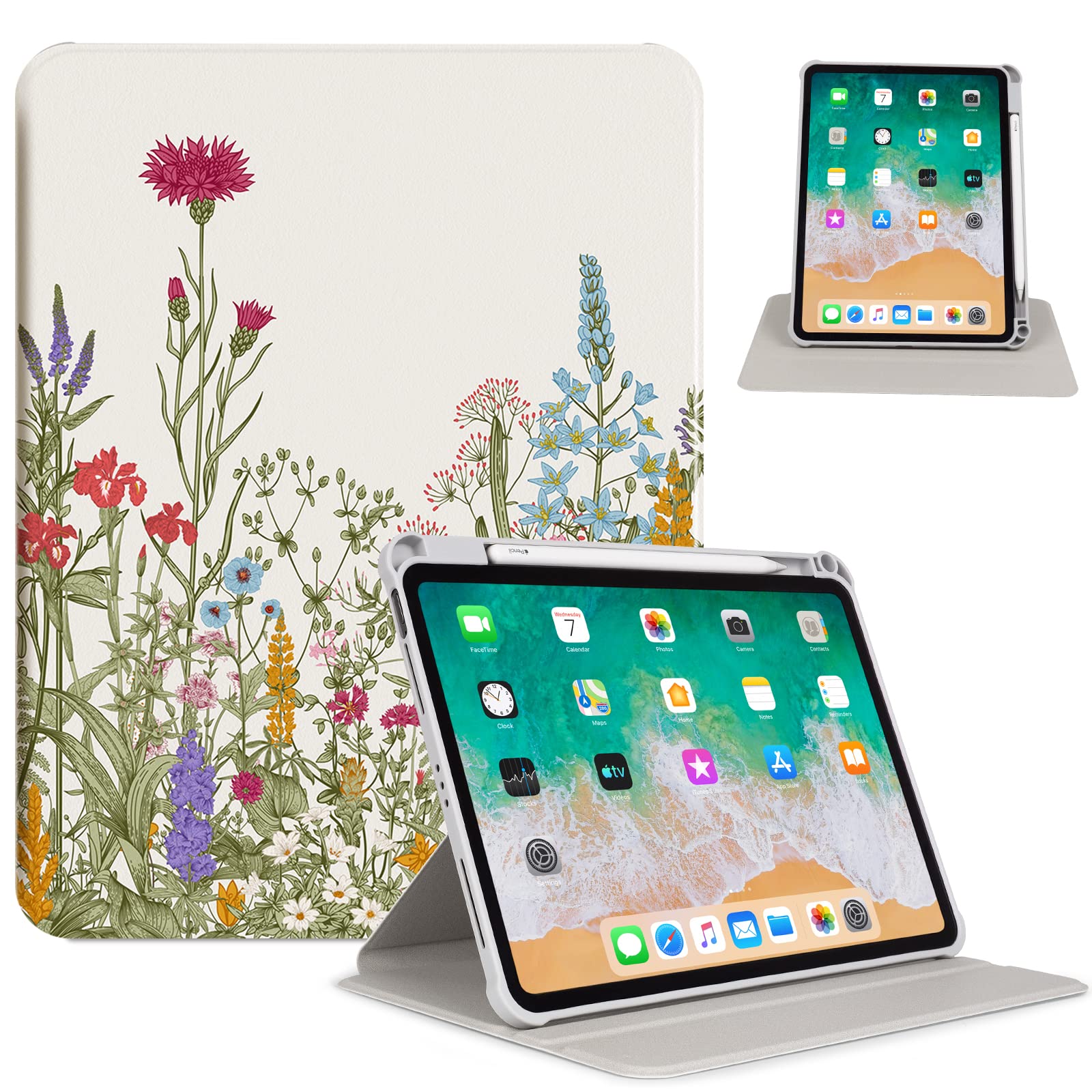 Rotating iPad Air 11 inch Case (M3/M2) 2025/2024 - 360° Multi-Angle Adjustable Stand with Pencil Holder for iPad Air 5th/4th Gen 2022/2020 & iPad Pro 11-inch - Floral Design - Perfect for Work, Study, and Entertainment