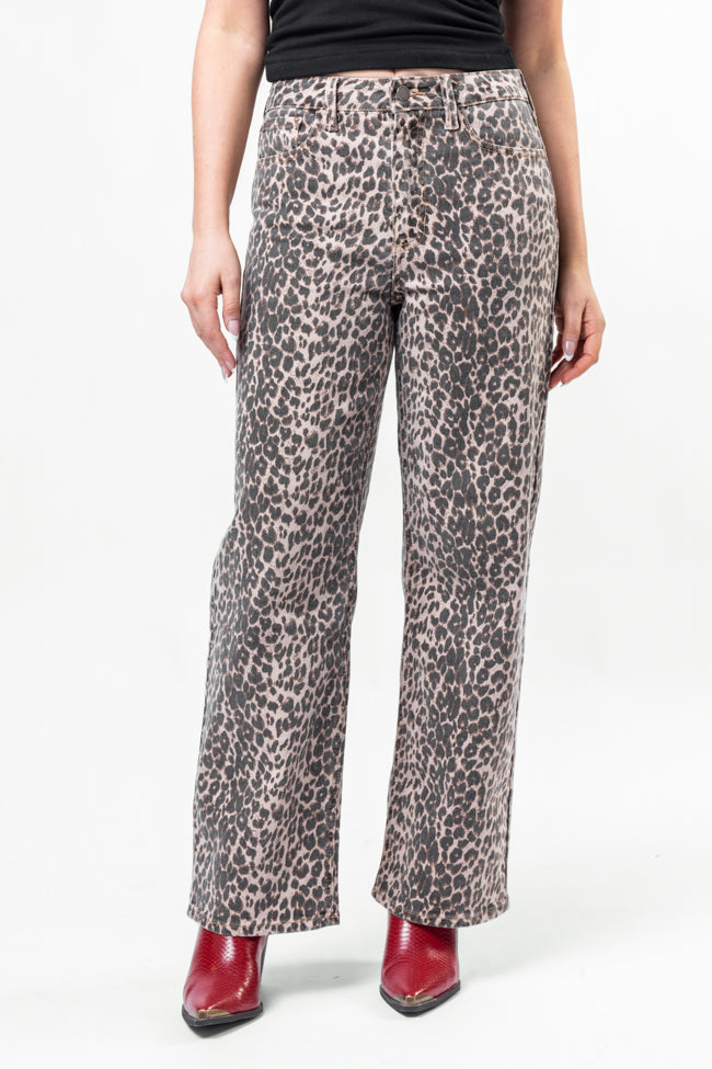 Primal Instincts Women's Wide Leg Leopard Print Jeans - High Waisted Stretchy Denim Pants for Casual Outfits & Streetwear Fashion