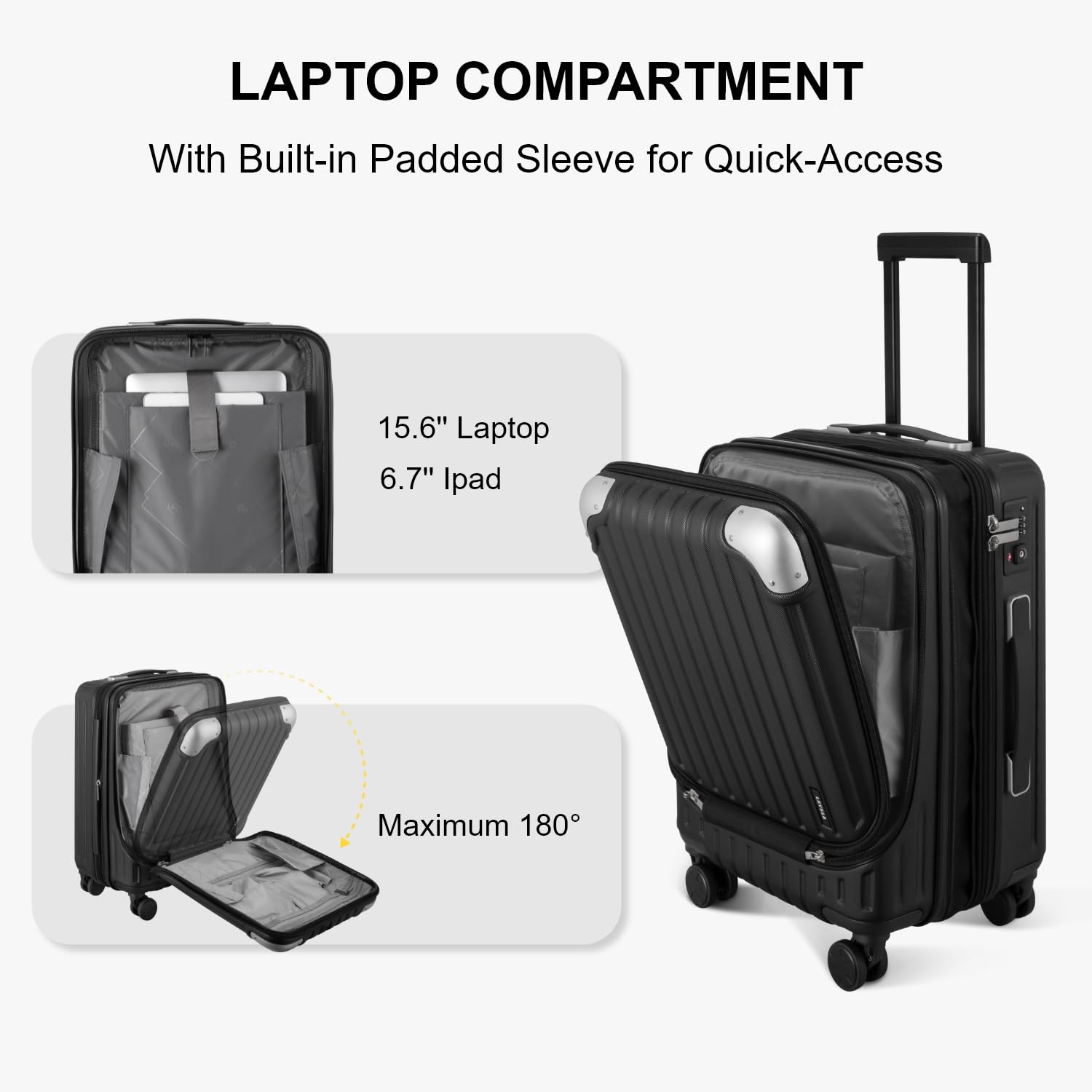 LEVEL8 Grace 20 Inch Expandable Hard Shell Carry-On Luggage with Front Compartment, TSA Lock & Smooth Wheels - Lightweight Airplane Suitcase for Business Travel & Weekend Getaways (Black)