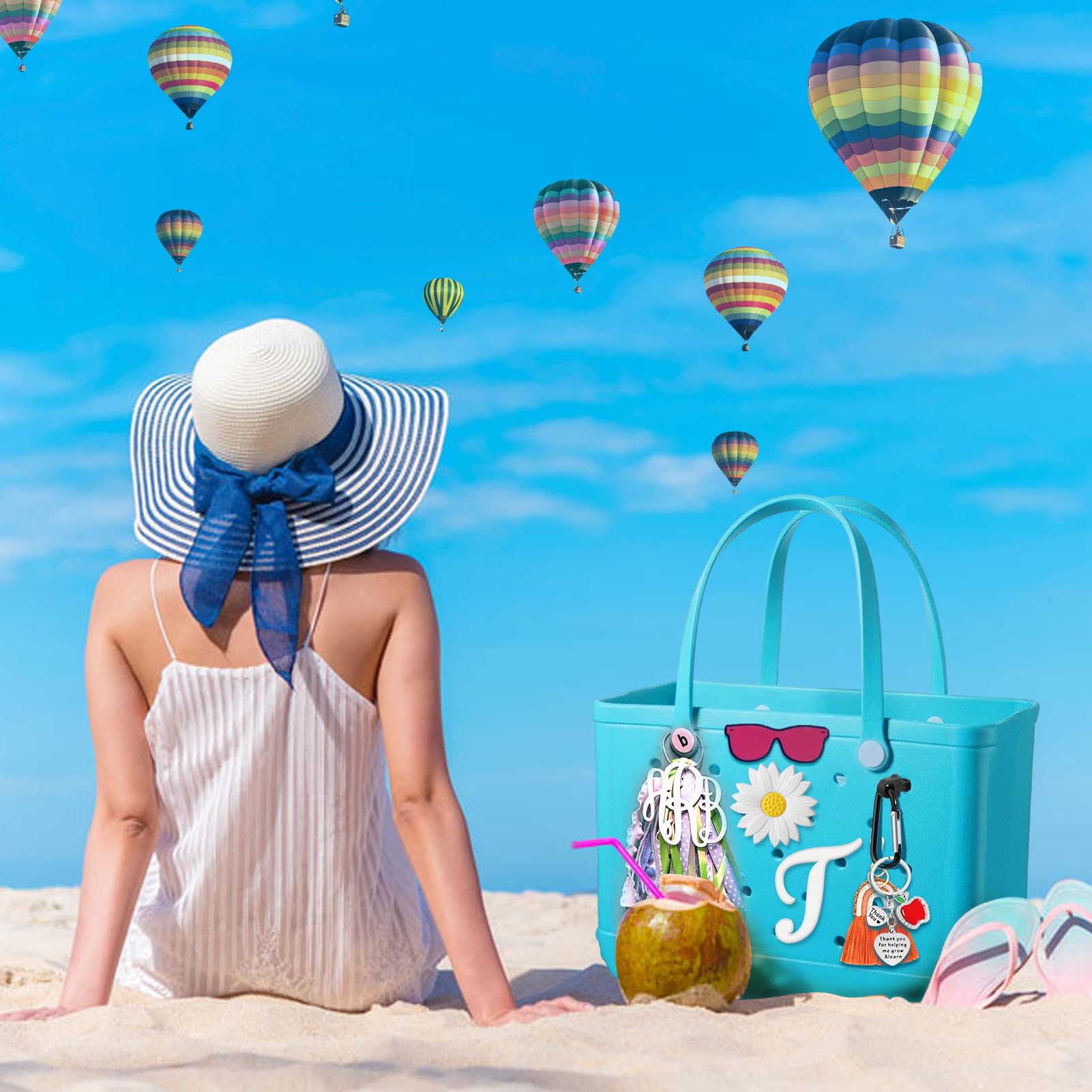 Bogg Bag Charms - 2pcs Letter & Flower Accessories for Beach Bags (T+Daisy) | Perfect for Summer Outings