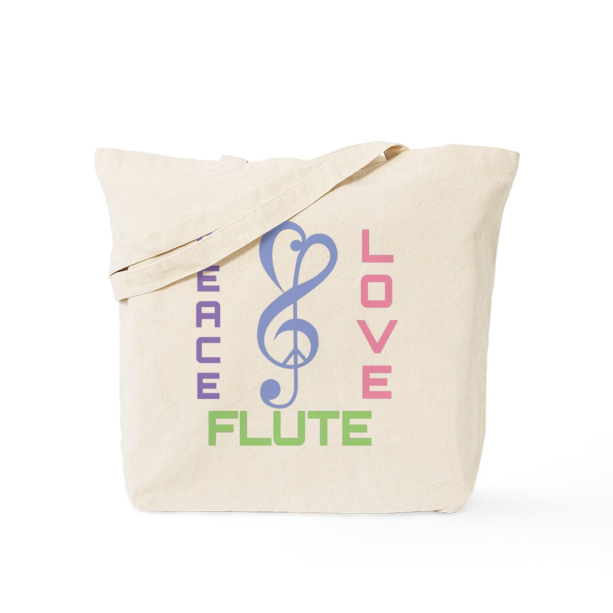 Peace Love Flute Music Tote Bag - Natural Canvas Reusable Shopping Bag for Groceries, Beach, Work & School | Eco-Friendly Cotton Carryall