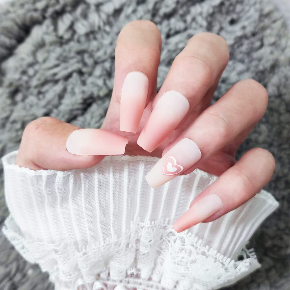 Valentine's Day Press on Nails - 24Pcs Long Coffin Fake Nails with White Pink Heart Design, Glossy Acrylic Full Cover False Nails for Women | Perfect for Romantic Dates, Weddings, Anniversaries & Special Occasions