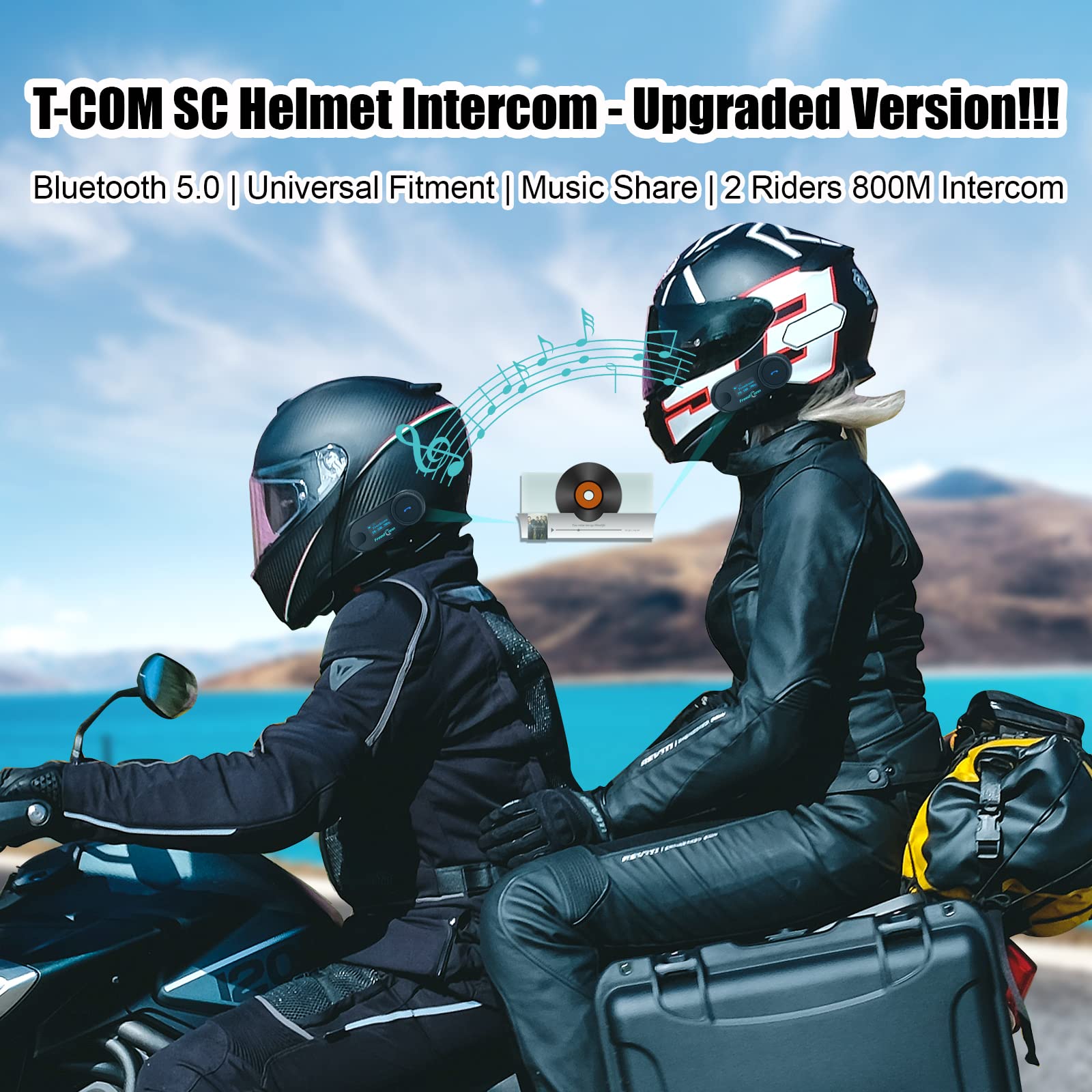 FreedConn T-COM SC 5.0 Motorcycle Bluetooth Headset - Wireless Helmet Intercom for 2 Riders, 800M Range, Music Sharing, LCD Screen, Motorbike Accessories (Twin Pack) - Perfect for Group Riding, Touring & Communication on the Road