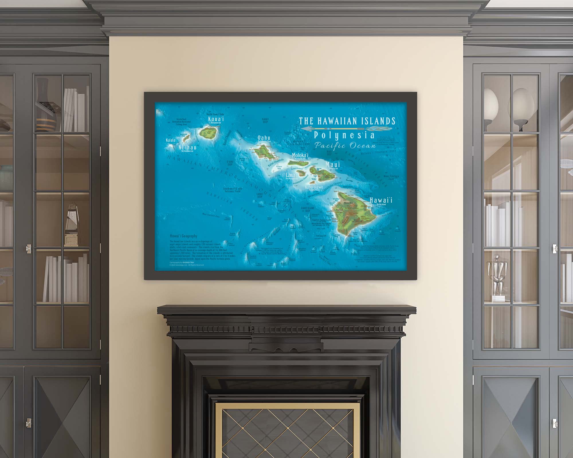 Hawaii Map Wall Art - 36x24 Inch Framed Hawaii State Map with 500 Travel Pins - Professional Geographer Designed Hawaiian Decor for Home, Office & Travel Inspiration