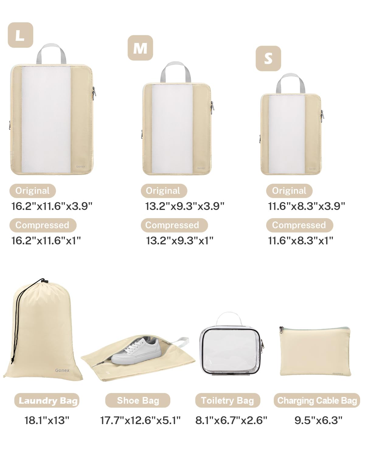 Gonex 8-Piece Expandable Travel Packing Cubes Set with Mesh Organizer - Includes Toiletry Bag, Laundry Bag, Shoe Bag & Cable Organizer - Perfect for Suitcases & Carry-Ons (Beige) | Ideal for Business Trips, Vacations & Weekend Getaways