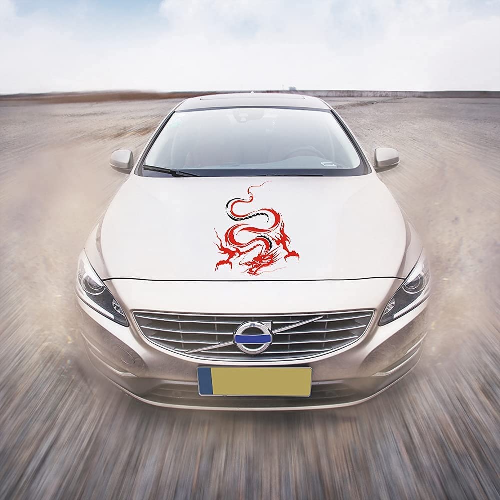 JSCARLIFE Dragon Car Decals - Self-Adhesive Vinyl Hood Stickers for Cars & Trucks - Universal Automotive Graphics for Hood, Body Side & Rear Window - Red (19.68
