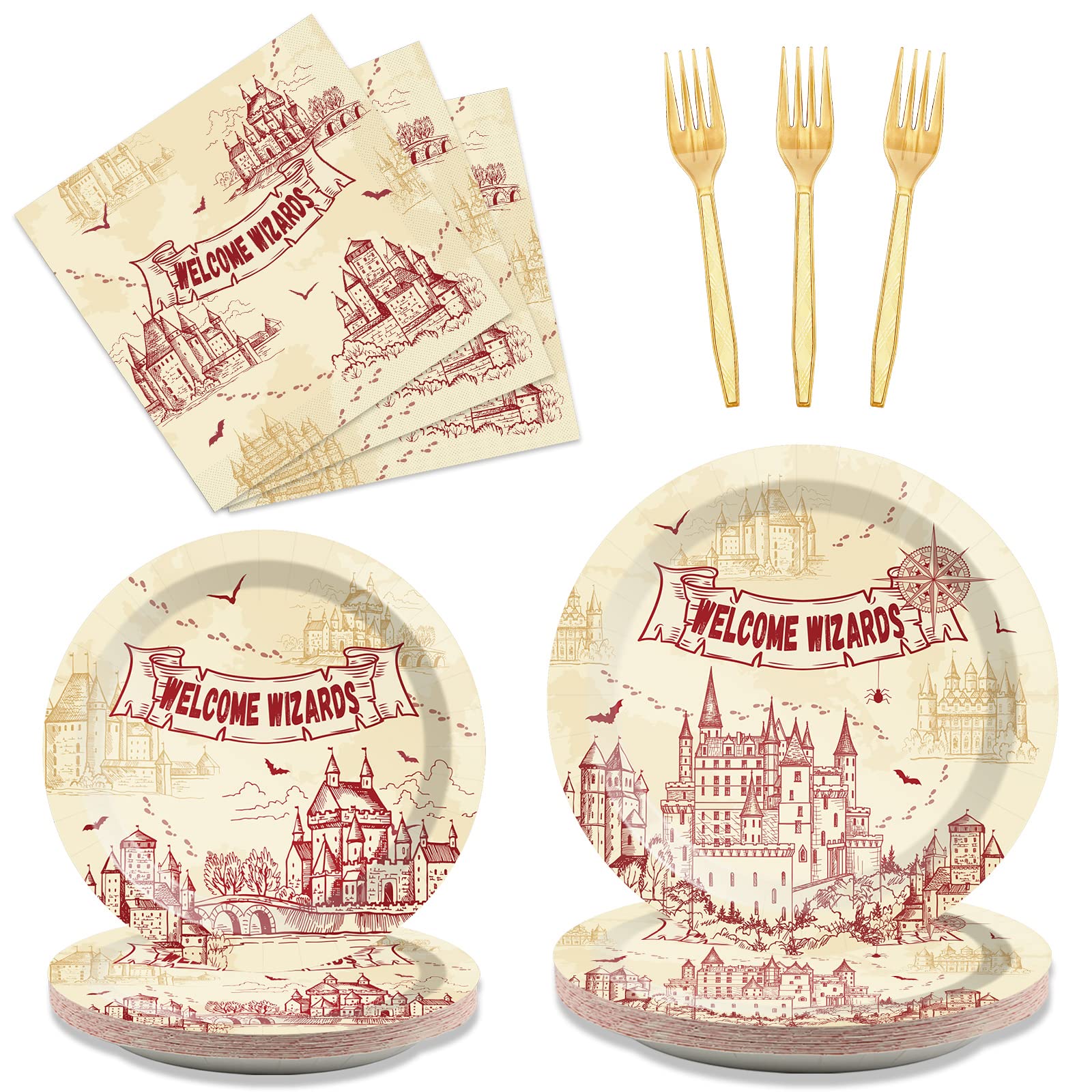 96 Pcs Wizard Party Paper Plates & Napkins Set - Magical Vintage Castle Theme Tableware for Birthday & Welcome Party Favors - Perfect for 24 Guests - Great for Harry Potter Themed Parties, Baby Showers & Fantasy Celebrations