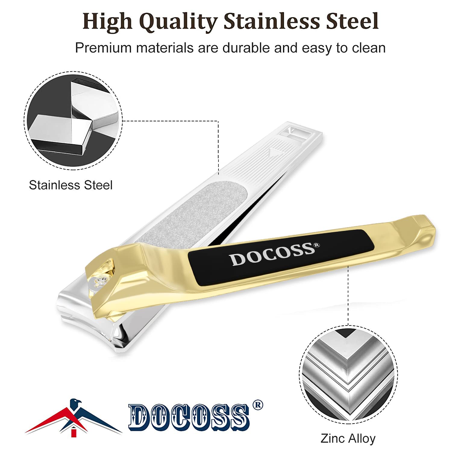 DOCOSS Professional Stainless Steel Nail Clippers Set for Men & Women - Sharp Precision Nail Trimmer with Ergonomic Handle, Pack of 2 (Gold) - Perfect for Home, Travel, Salon & Grooming Kit Essentials