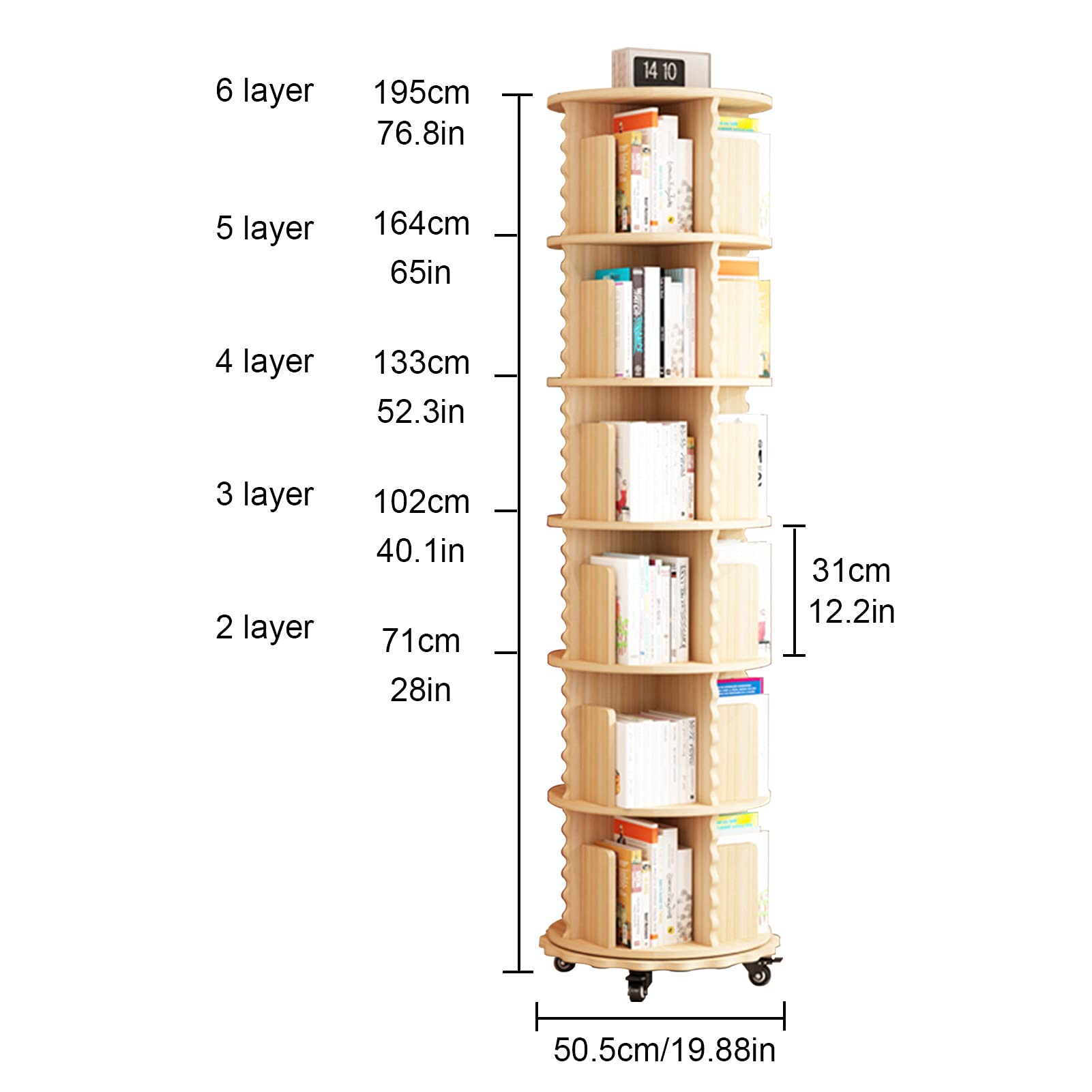 360° Rotating Solid Wood Bookcase with Removable Universal Wheels - Modern Revolving Book Storage Shelf for Home, Office, Kids Room - Perfect for Living Room Decor, Study Organization & Children's Book Display