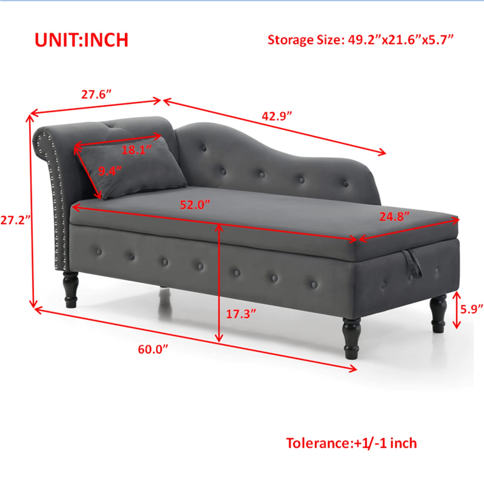 Velvet Upholstered Chaise Lounge Chair with Storage & Pillow - Modern Rolled Arm Design with Nailhead Trim - Perfect for Living Room, Bedroom, Home Office & Small Spaces (Grey) - Great for Relaxing, Reading or Napping