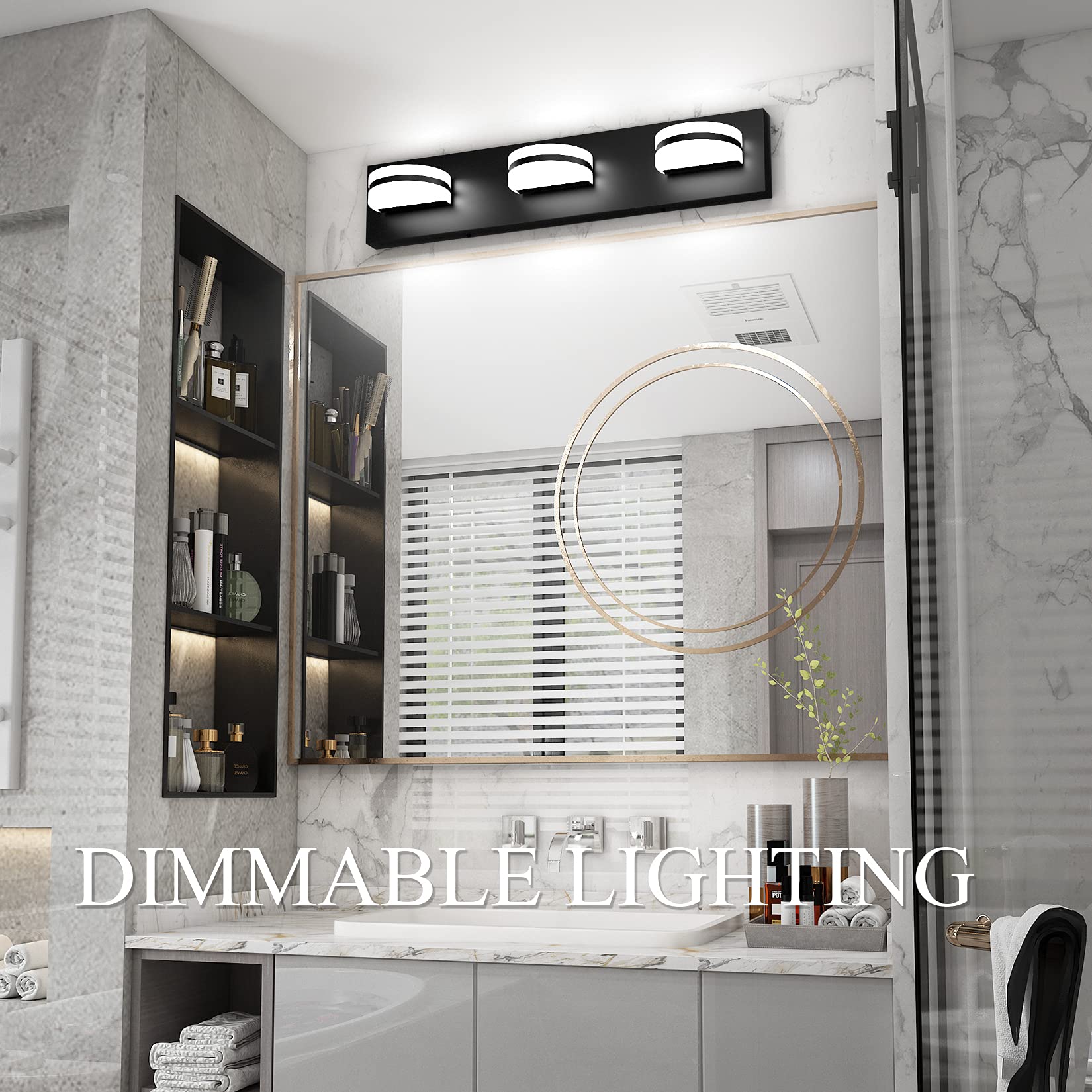 Aipsun Dimmable Modern Black Vanity Light - Acrylic LED Bathroom Wall Light with 3 Lights (6000K White Light) for Makeup Mirror, Dressing Room & Spa Decor