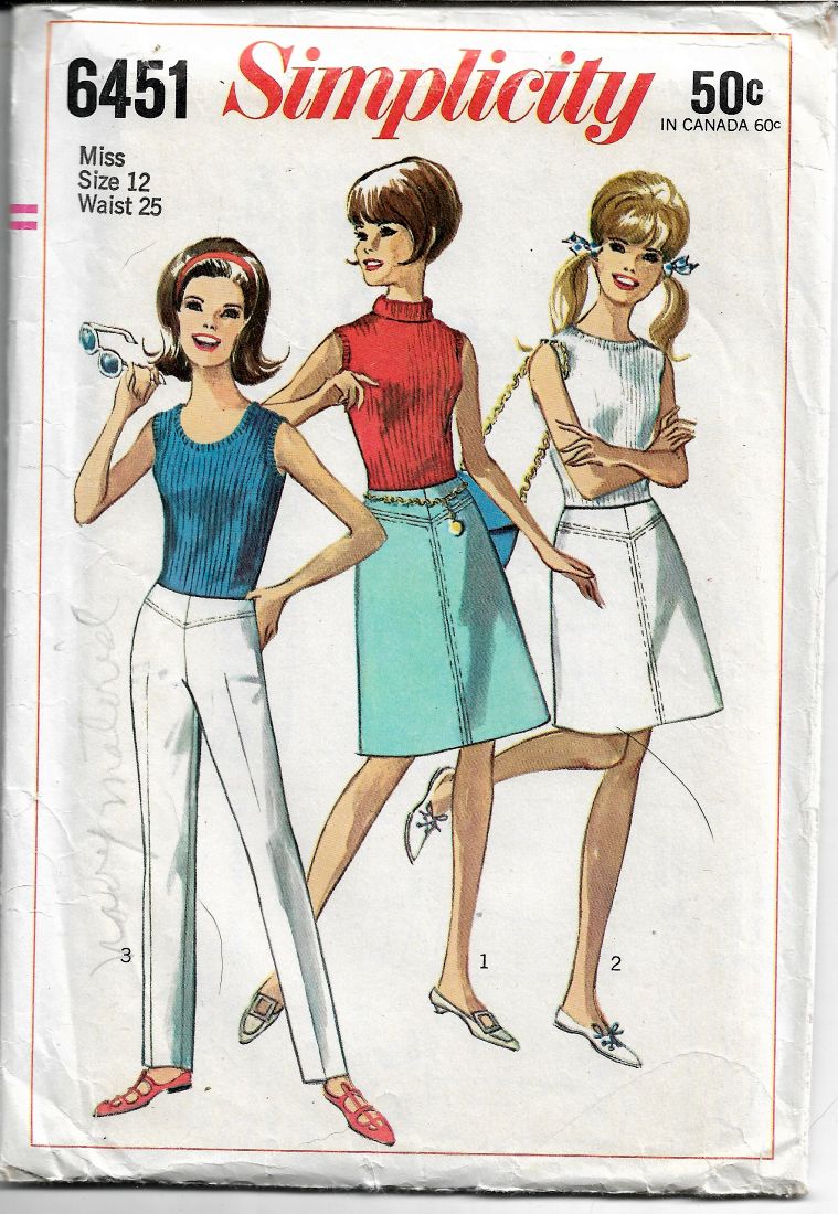 Vintage 1960s Simplicity 6451 Ladies Hip Hugger Pants & Skirt Sewing Pattern - Retro Fashion DIY Costume for Parties, Cosplay & Historical Reenactments