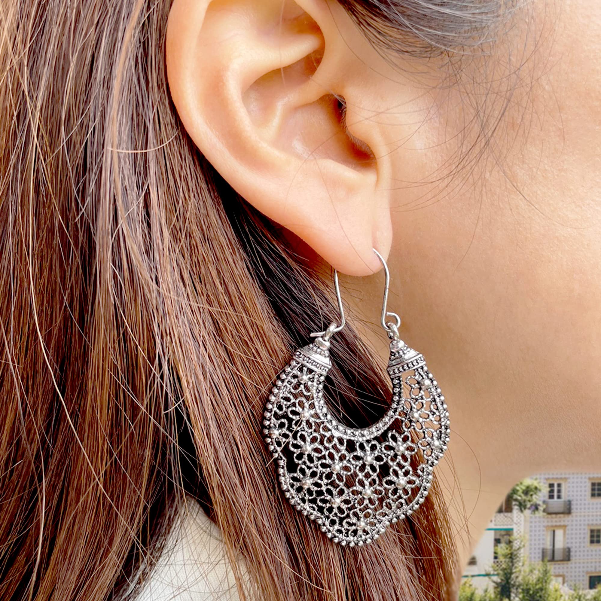 Bohemian Boho Filigree Hoop Earrings for Women – Intricate Cutout Design, Lightweight Geometric Statement Jewelry – Perfect for Festivals, Parties and Boho Chic Outfits